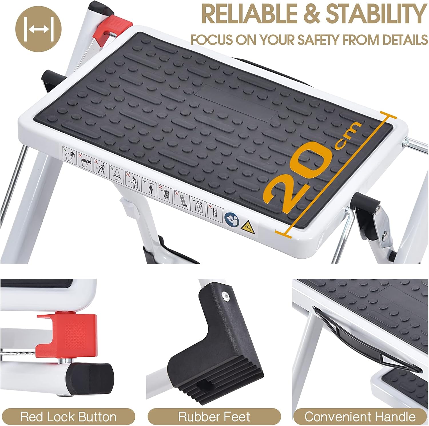 Detalle 2 de KINGRACK Folding Step Ladder (2-Step) foldable stepladder stool with handle, non-slip mat, up to 330lb, white