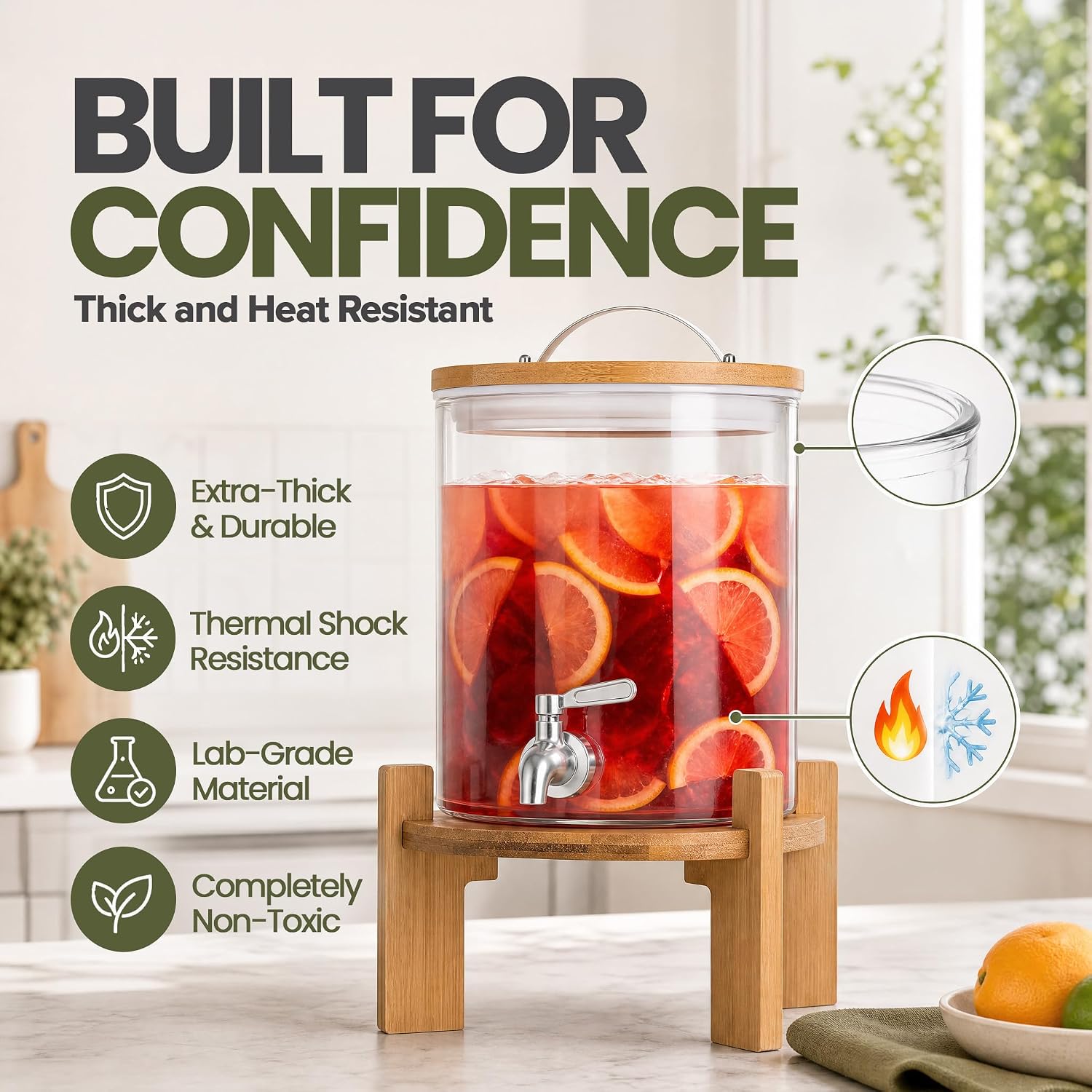 Detalle 2 de Dimono 182 5 L Glass Drink Dispenser with Tap, Bamboo Stand and Lid