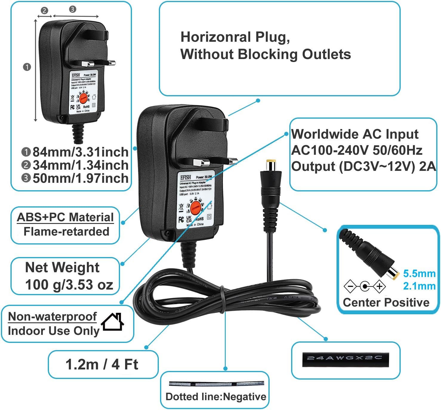 Detalle de EFISH International Power Adapters Multifunctional Portable Power Transformer with 8 Tips (UK Plug Included)