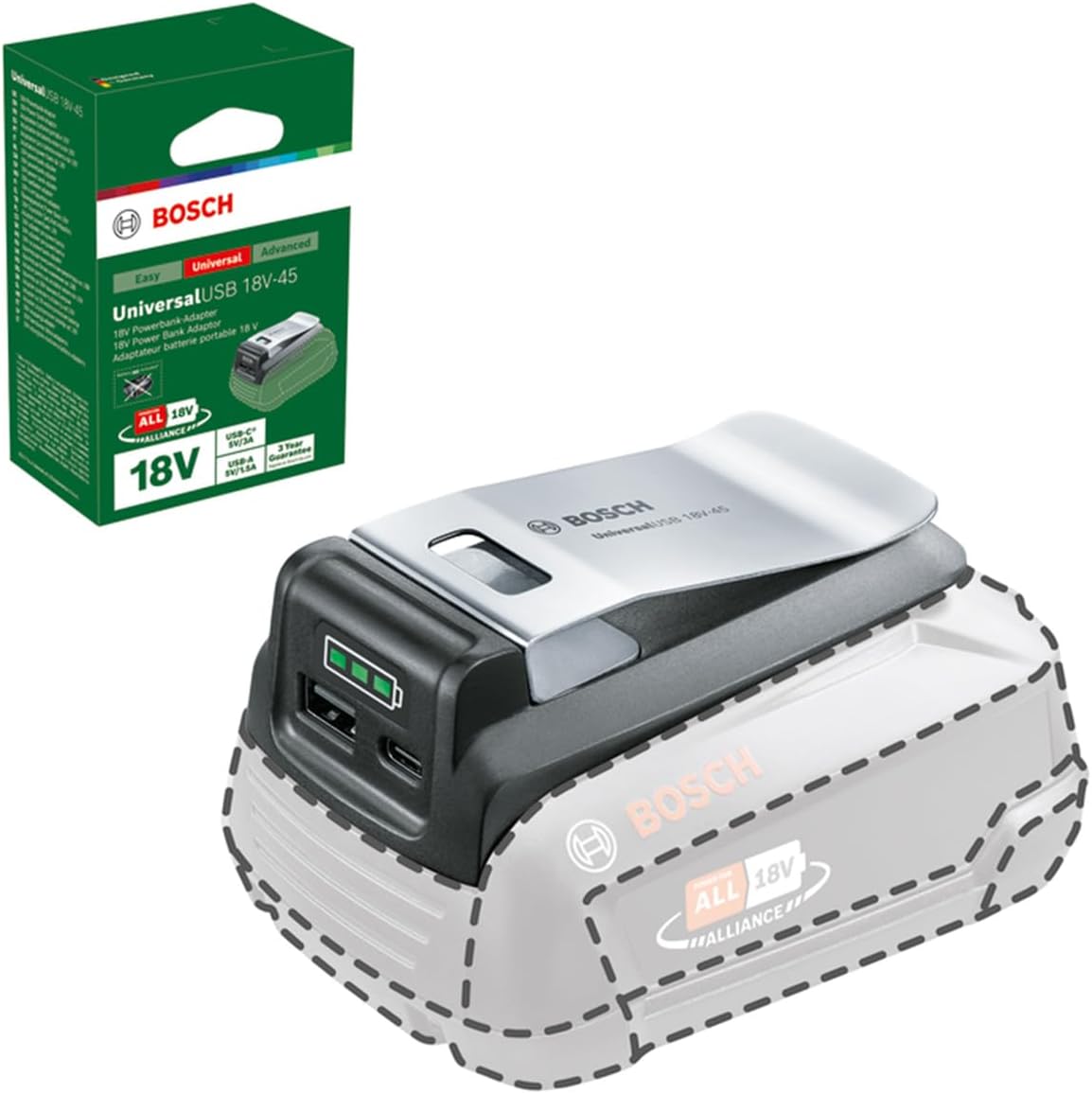 Detalle de Bosch UniversalUSB 18V-45: Vielseitiger USB-A/USB-C Adapter mit Powerbank-Funktion