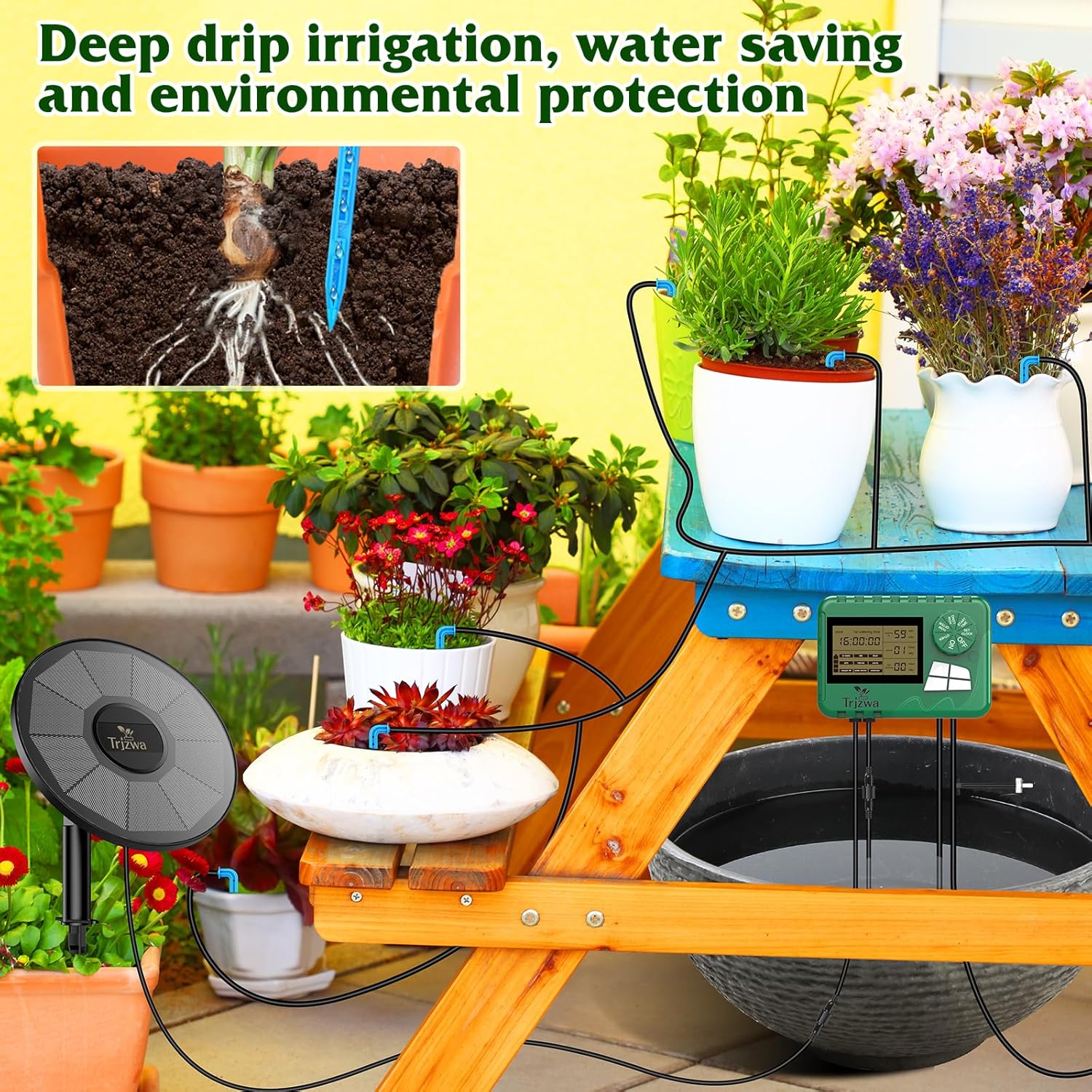 Detalle de TRJZWA Kit irrigazione solare a goccia automatico con timer e 15 m di tubo, 15 gocciolatori
