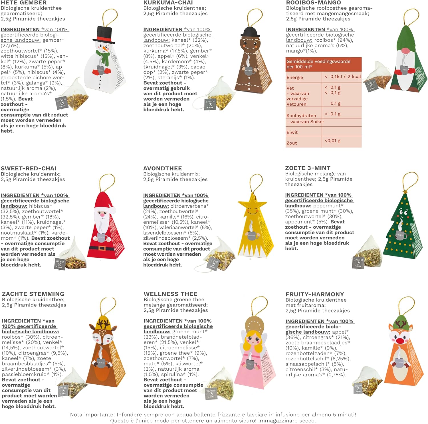 Detalle de Creano biologische kerstthee-cadeaubox met 9 kerstfiguren en piramidezakjes