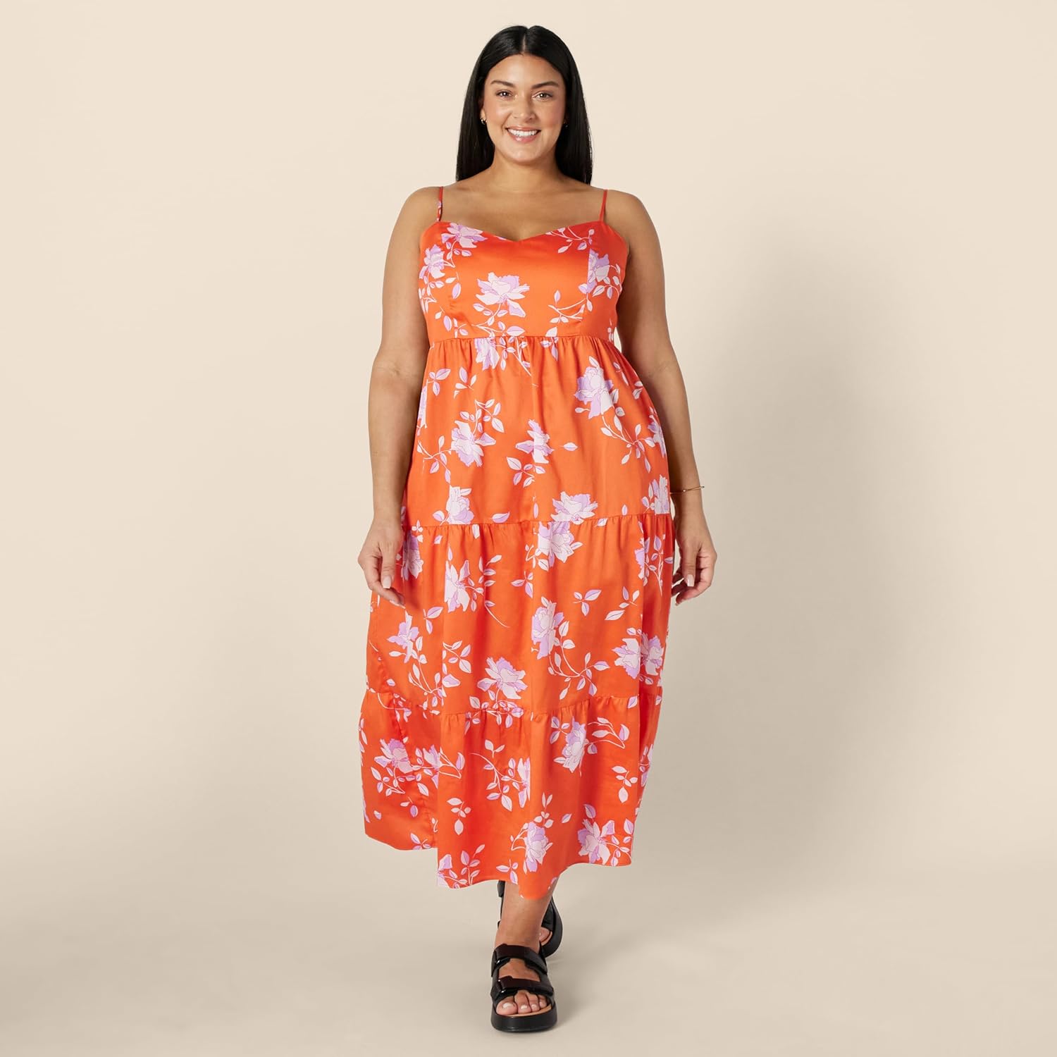 Thumbnail 5 de Amazon Essentials Damen gestuftes Fit-and-Flare-Maxi-Kleid aus Baumwollsatin mit Empire-Taille
