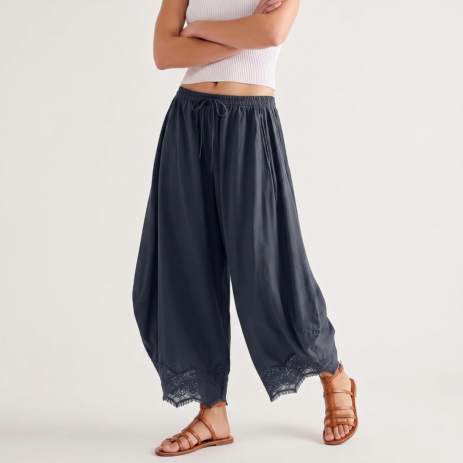 Thumbnail 6 de SeeLuNa Comfy Women's Cropped Lace Hem Wide-Leg Pants