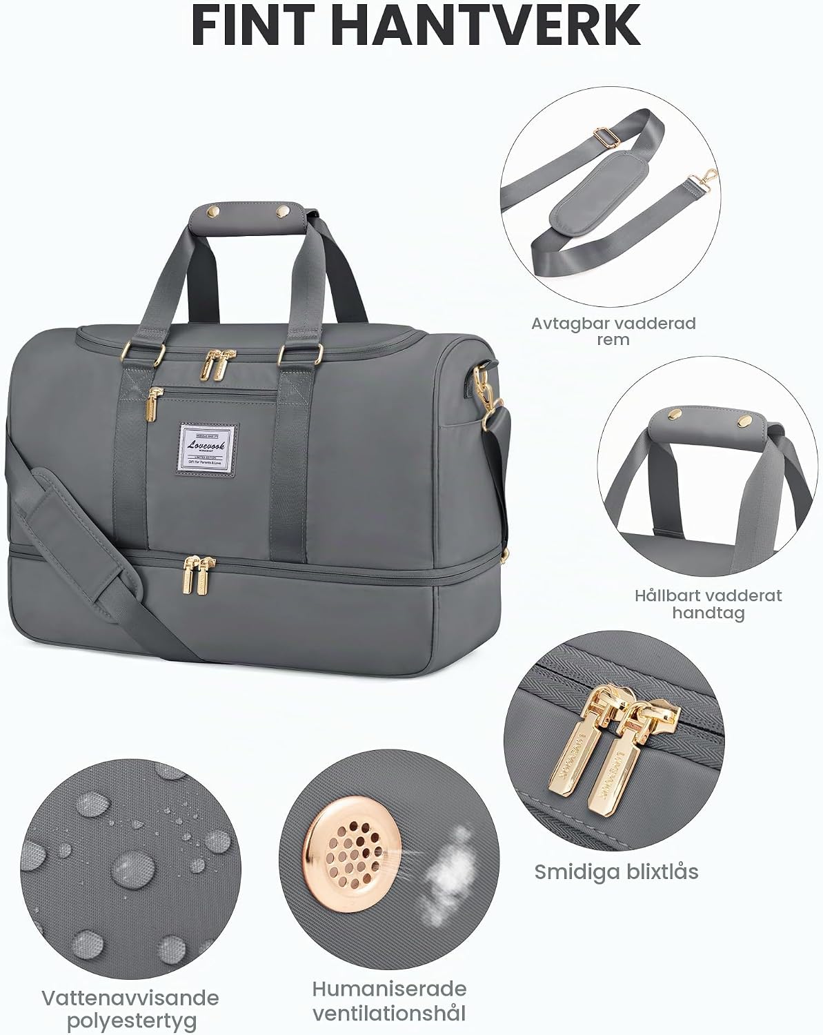 Detalle de LOVEVOOK sport- och weekendväska, 35–40 l med skofack och våtfack