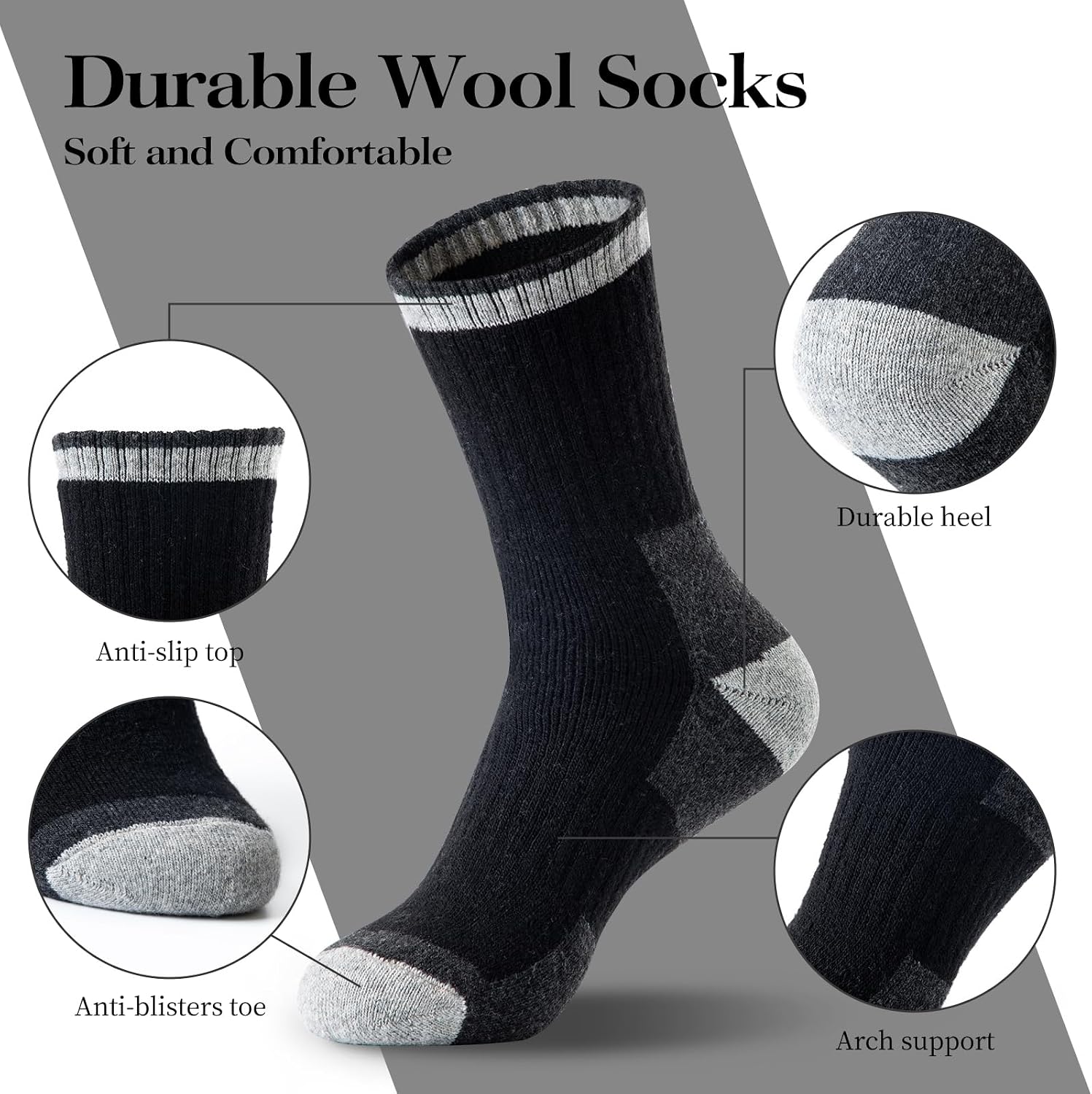 Detalle 2 de SIMIYA Merino Wool Hiking Socks, 5 Pairs, Thick Cushioned, Size 7-15
