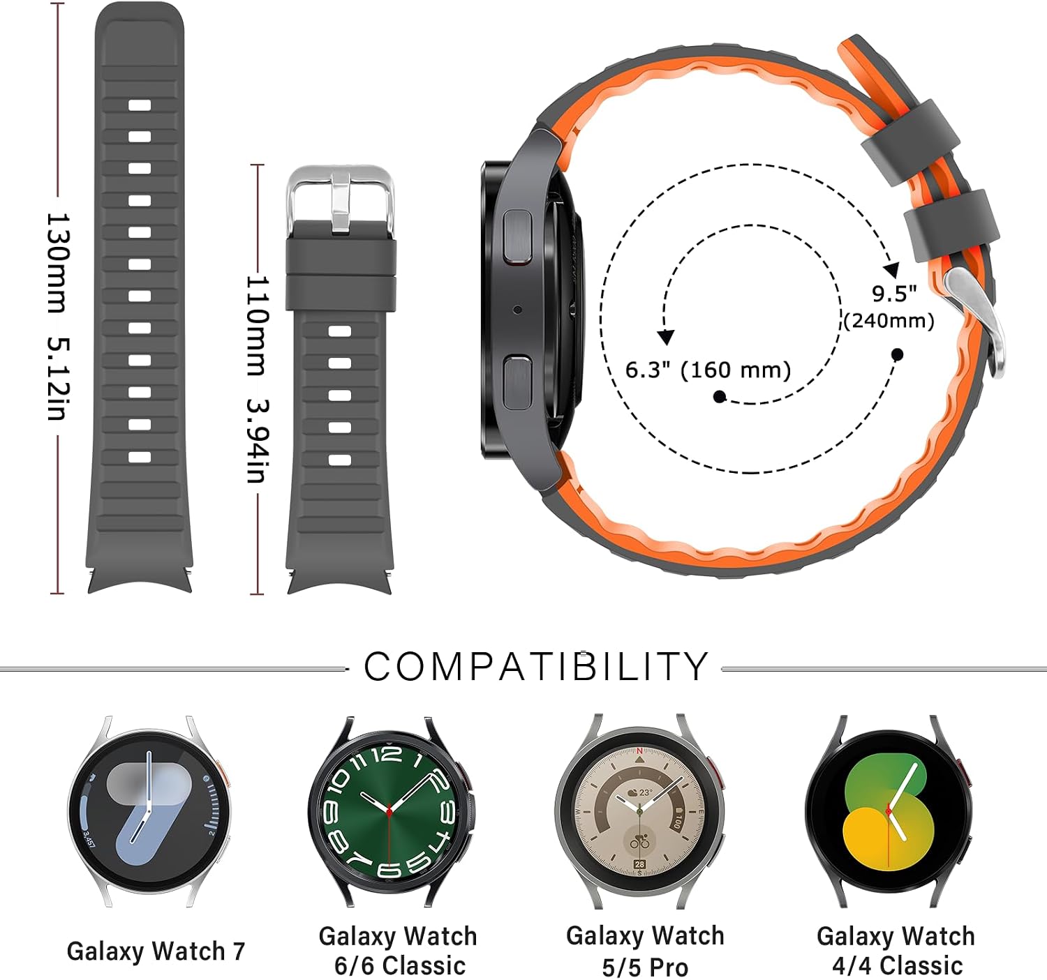 Detalle de Tasikar No Gap Bands for Samsung Galaxy Watch (40mm/44mm, 43mm/47mm, 45mm) – Soft Silicone Sport Strap in Grey-Orange