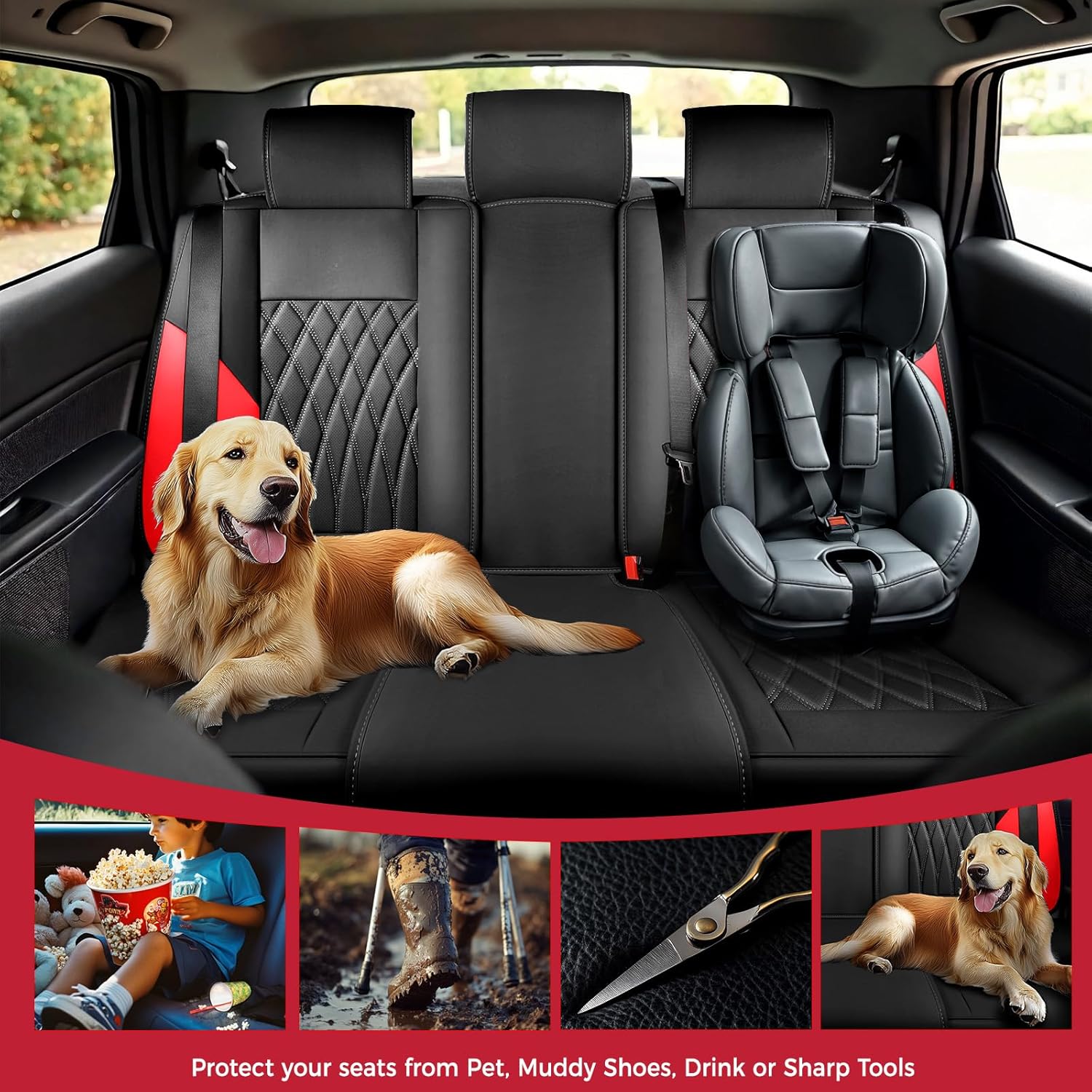 Thumbnail 6 de FREESOO Black Red Car Seat Covers Full Set (Faux Nappa Leatherette) with Lumbar Support