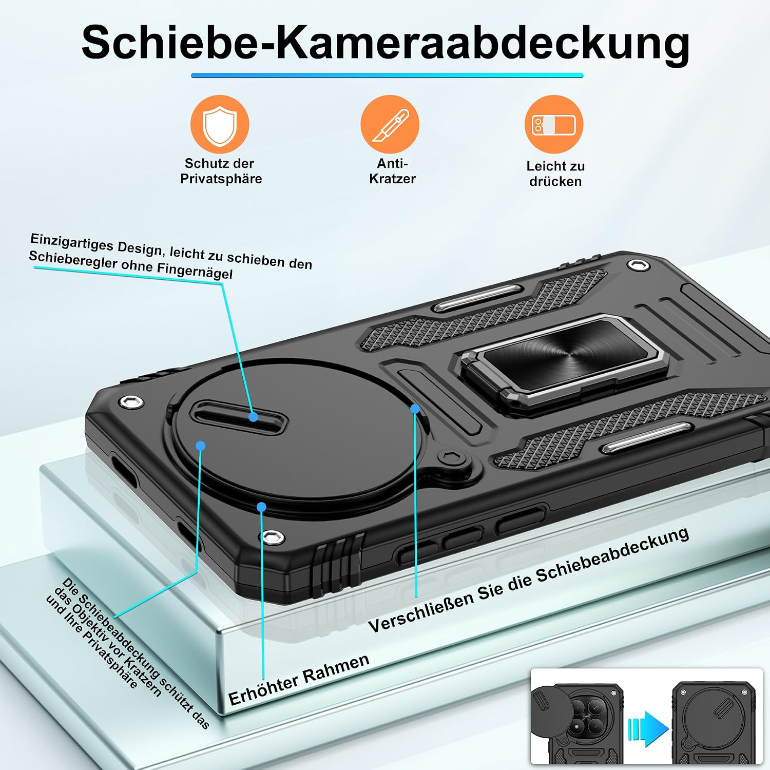 Detalle de Jshru Hülle für Xiaomi Redmi Note 15 Pro 5G – Stoßfeste Schutzhülle mit 360° Metallhalterung und Kameraschutz (Schwarz)