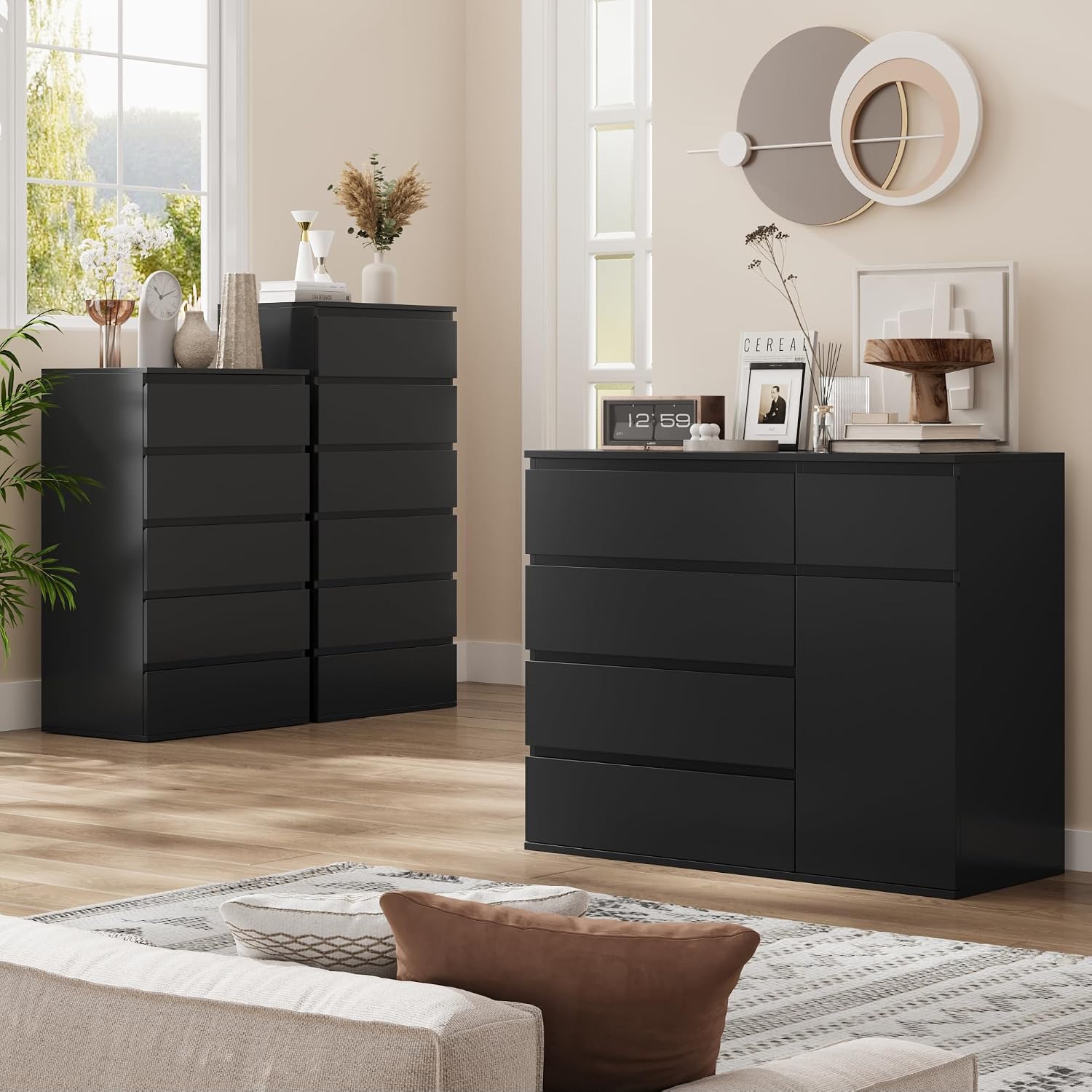 Detalle 2 de FOREHILL M241 Chest of Drawers, Black, 5 Drawers and Door Storage, 100 x 40 x 80 cm