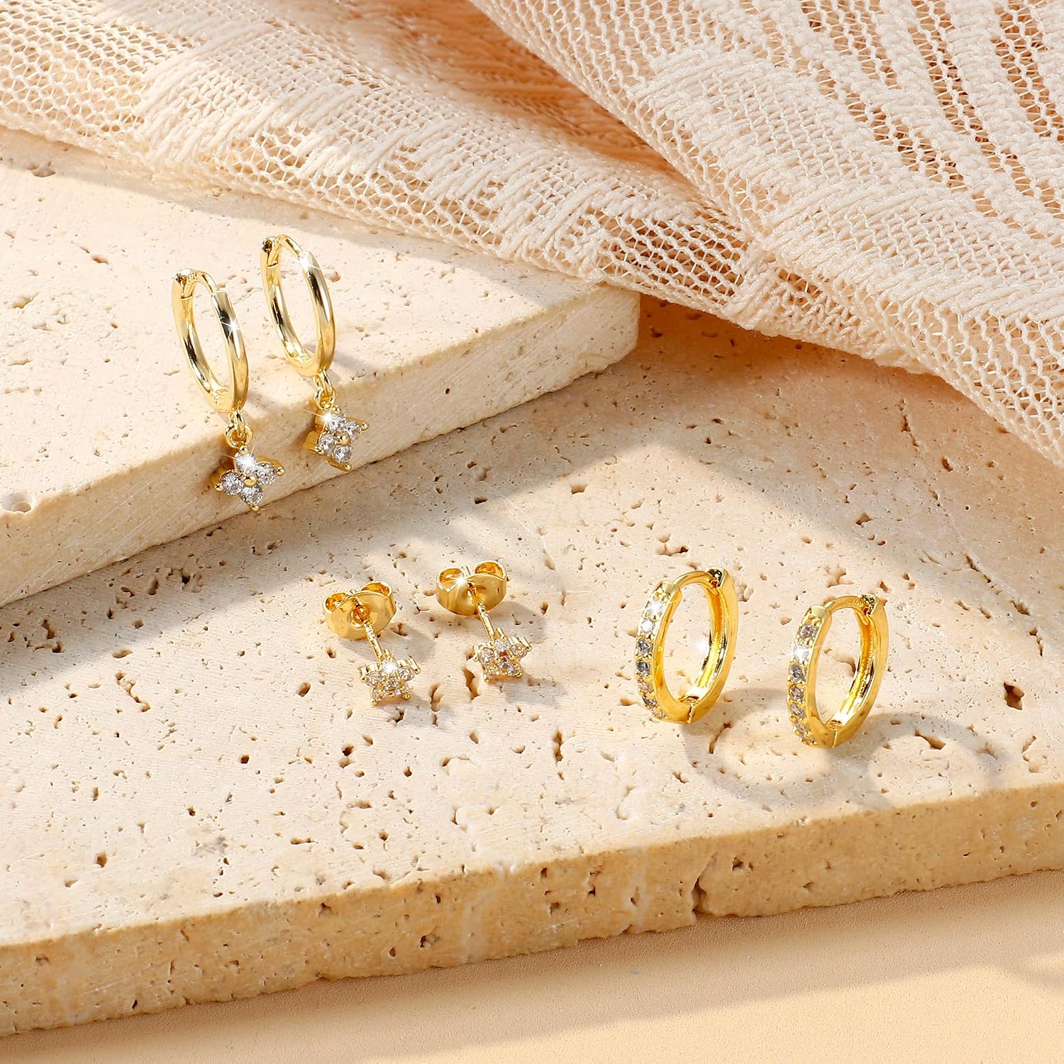Thumbnail 6 de Diamday 3 Paar Ohrringe Silber 925 – Creolen & Ohrstecker Set, hypoallergen, 14K-Gold vergoldet