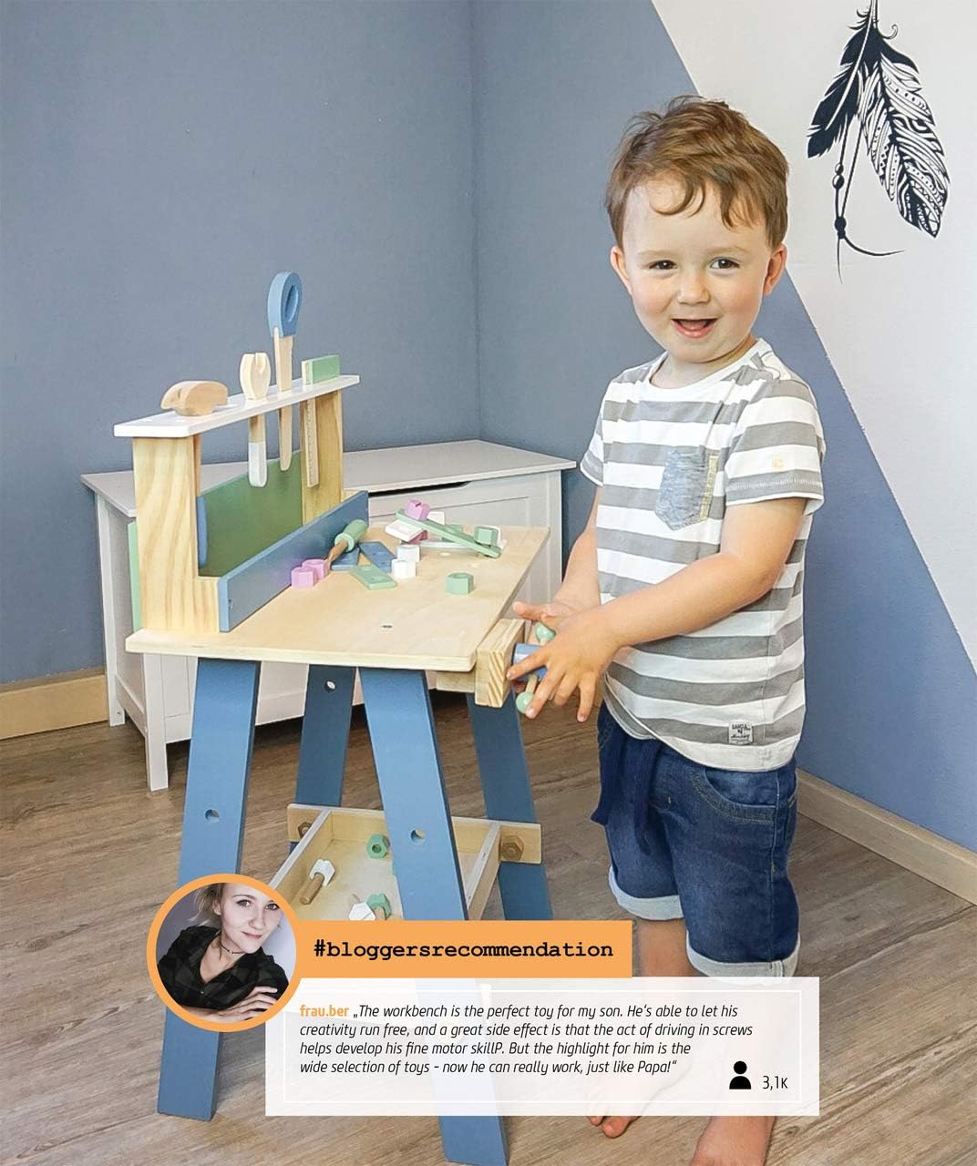 Detalle de small foot Werkbank Nordic aus Holz – inkl. Werkzeugen und Zubehör, Rollenspielzeug für Kinder ab 3 Jahren (11375)