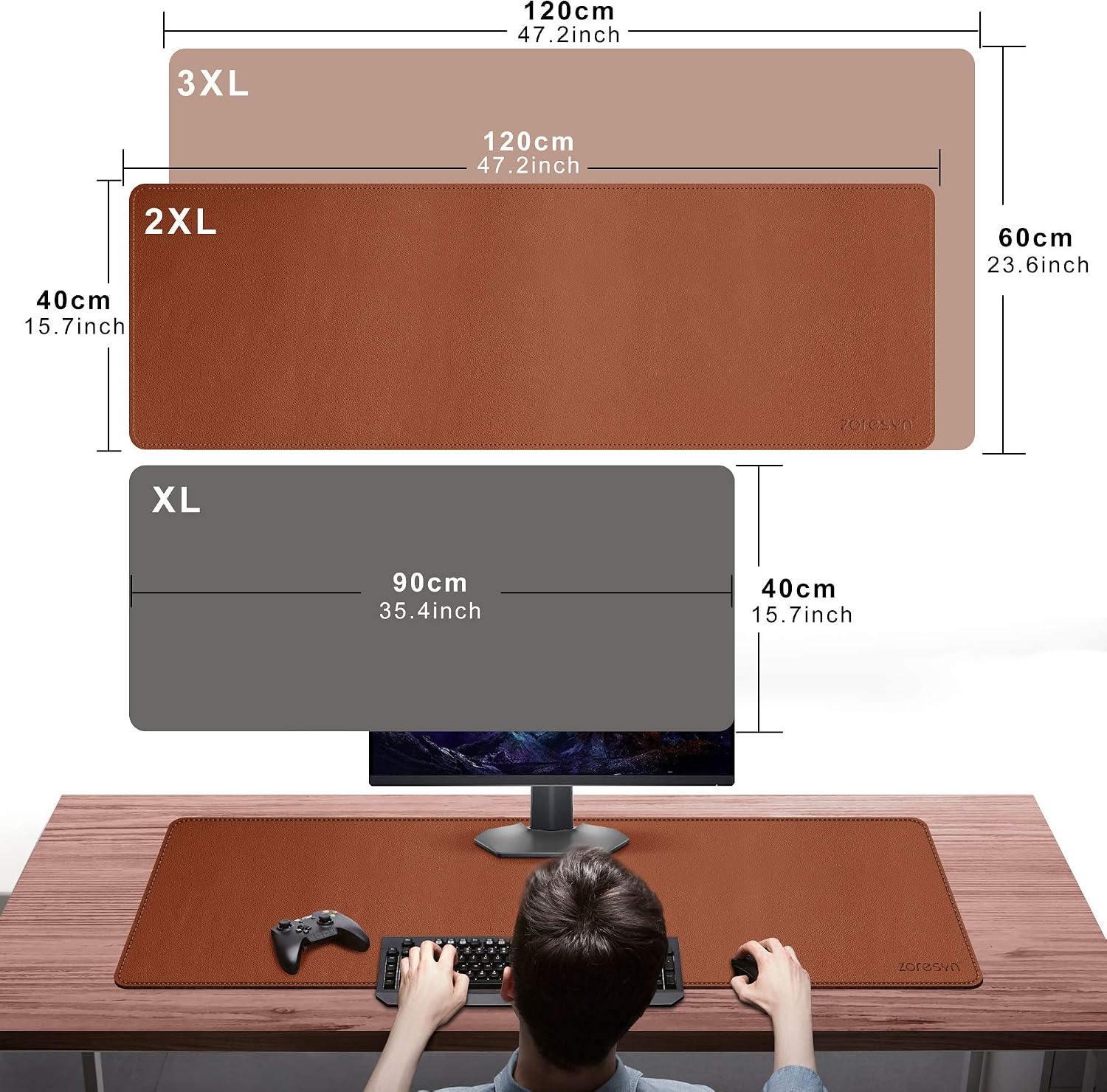 Detalle de ZORESYN XXL Büromatte aus PU-Leder 120x40 cm Braun – rutschhemmend, wasserdicht, Tischschutz mit Premiumkanten