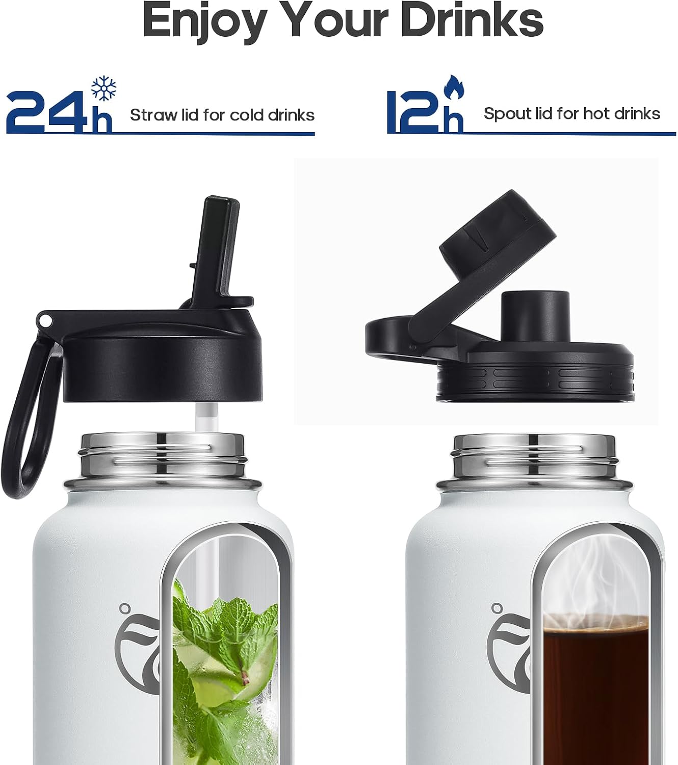 Detalle de HydroPal Vacuum Insulated Water Bottle 1200ml/1000ml/750ml/500ml – 2 Lids (Straw & Spout)