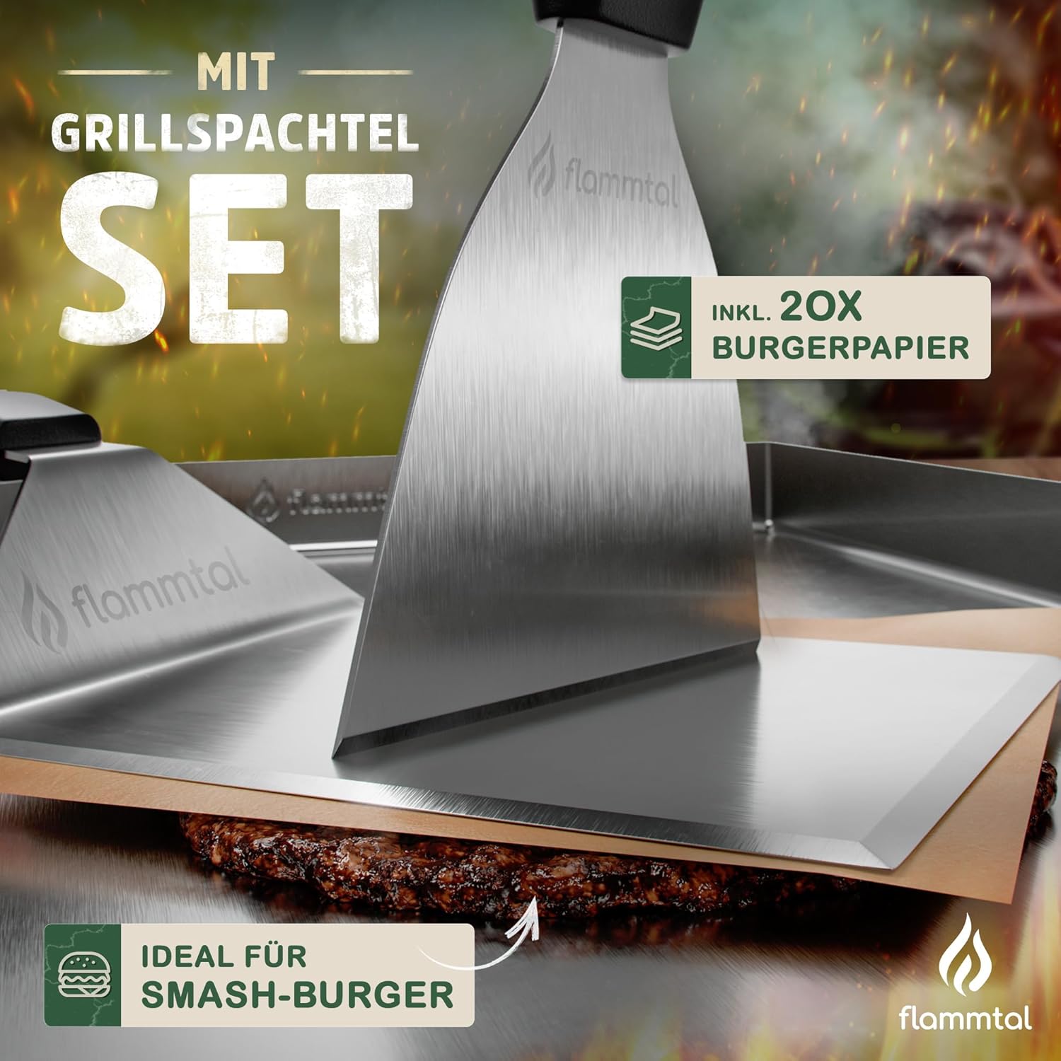 Thumbnail 3 de flammtal Grillplatte aus 4 mm rostfreiem Edelstahl (40 x 30 cm) inkl. Grillspachtel-Set & Burgerpapier