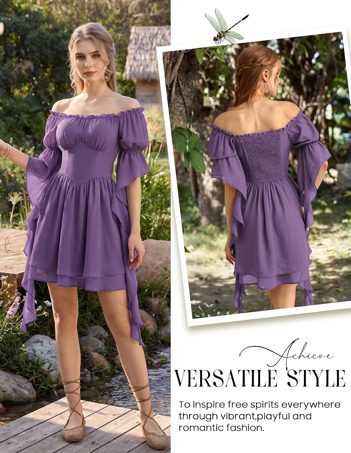 Thumbnail 2 de Scarlet Darkness Renaissance Mini Dress with Off-Shoulder Ruffles and Pockets