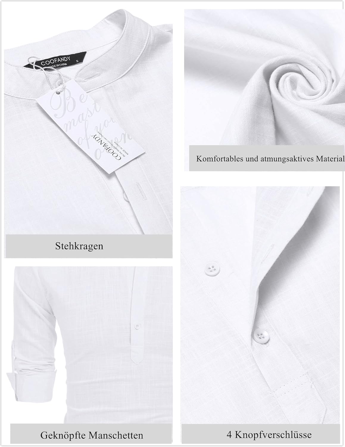 Detalle 2 de COOFANDY Herren Hemd Langarm Henley Shirt aus Leinen und Baumwolle – Slim Fit