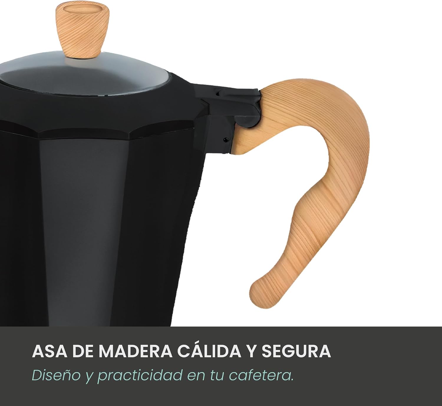 Detalle de Jocca Nature Black – elektryczna kawiarka aluminiowa na 6 filiżanek, obrót 360°