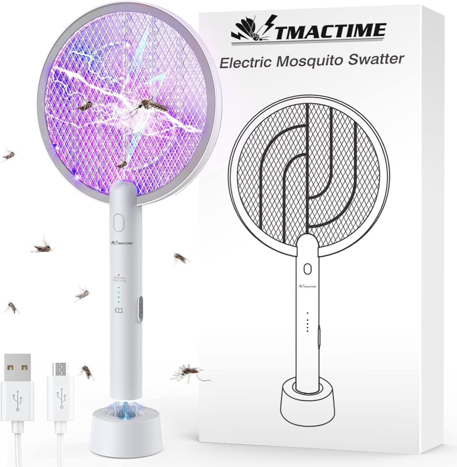 Detalle de Elektrische Fliegenklatsche 2-in-1: 4000V Insektenvernichter mit UV-Lampe, USB wiederaufladbar