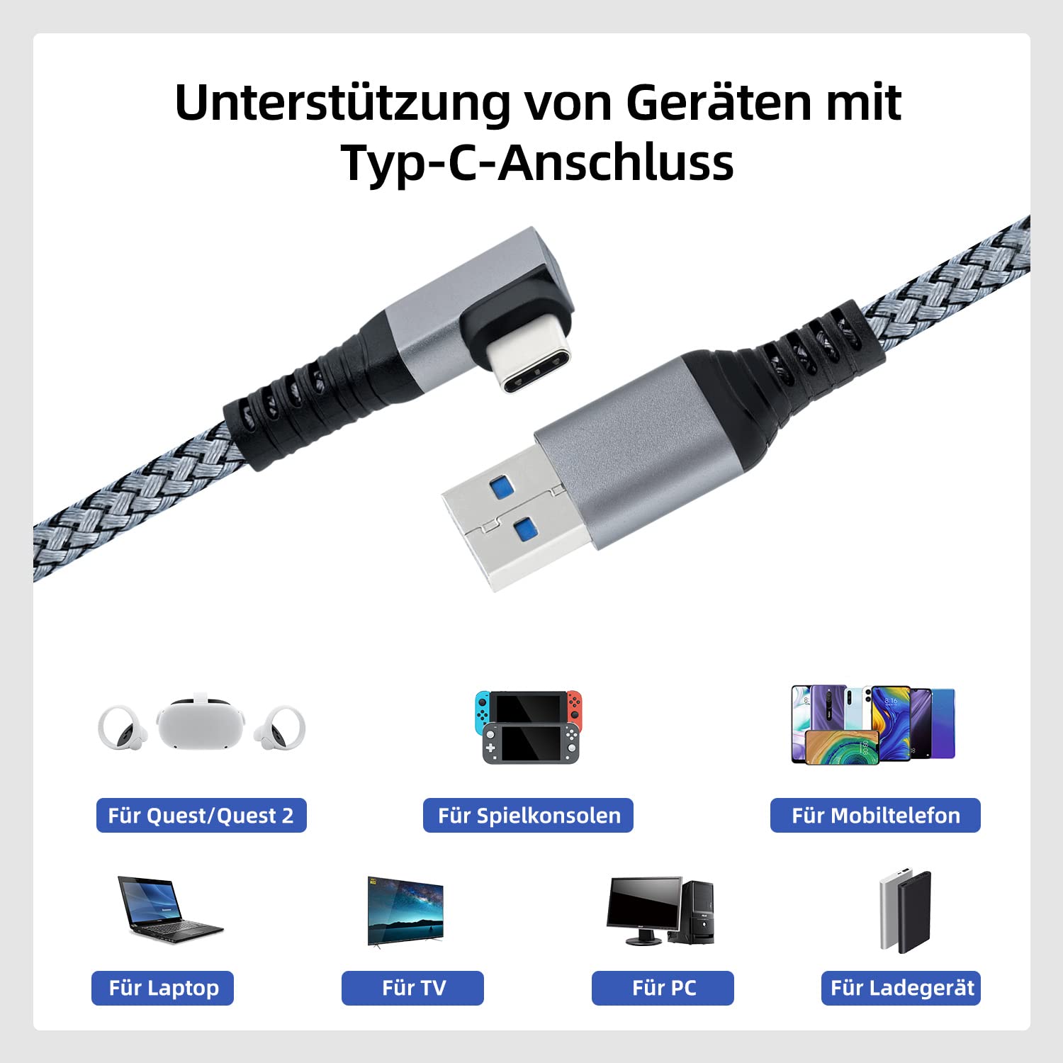 Thumbnail 4 de Mcbazel Link Kabel Typ-C auf USB 3.0, 6 m, rechtwinklig – Schnellladekabel & Datenübertragung für Quest/Quest 2/Quest 3
