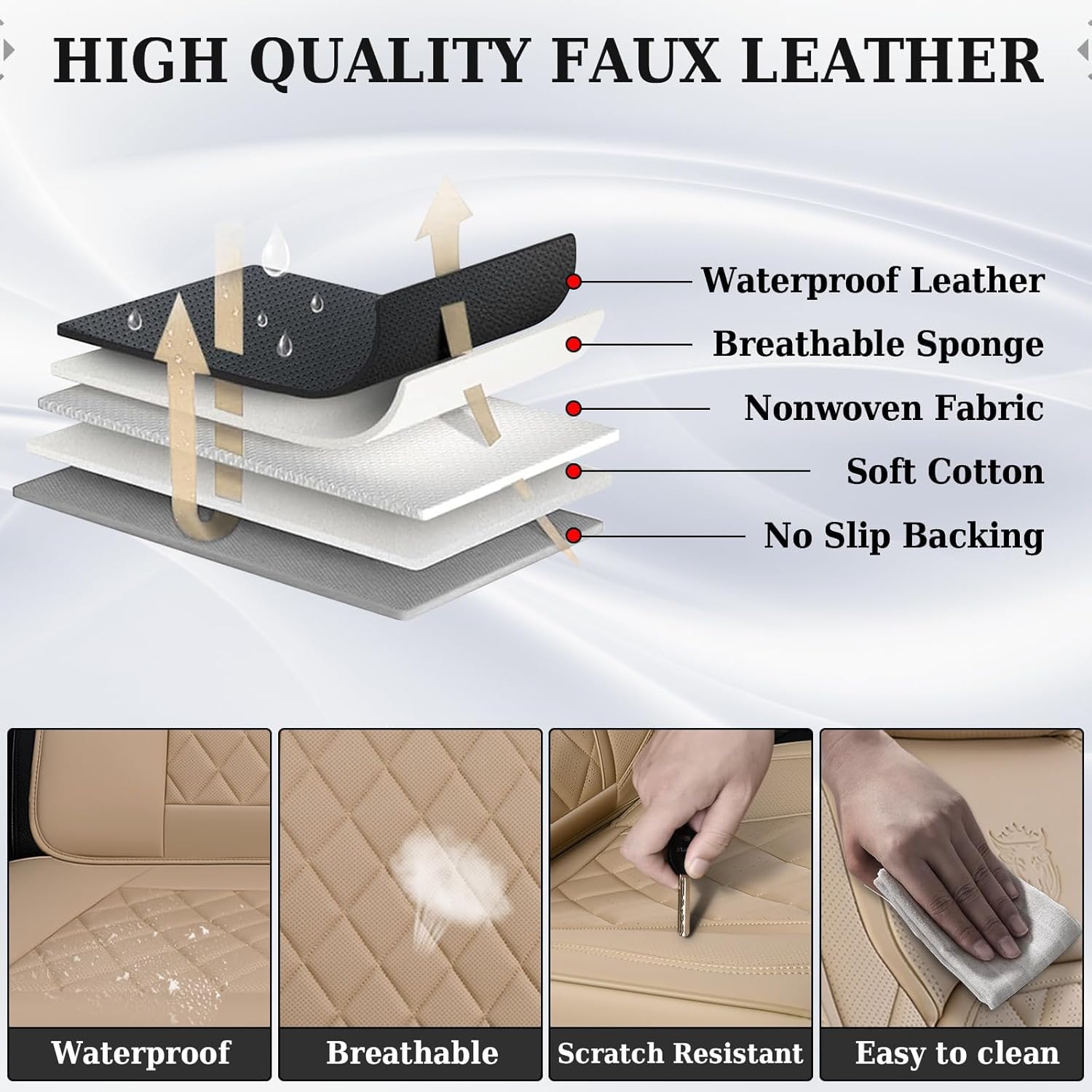 Detalle de Coverado Front Seat Covers (Beige) — Luxury Faux Leather Waterproof Car Seat Protectors for Front Seats