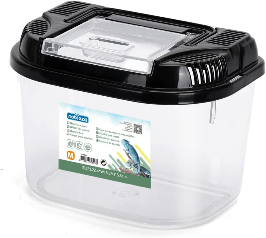Terrario di plastica Nobleza per rettili taglia M (22,4 × 15,3 × 15,3 cm), scatola trasparente ventilata con coperchio e maniglia