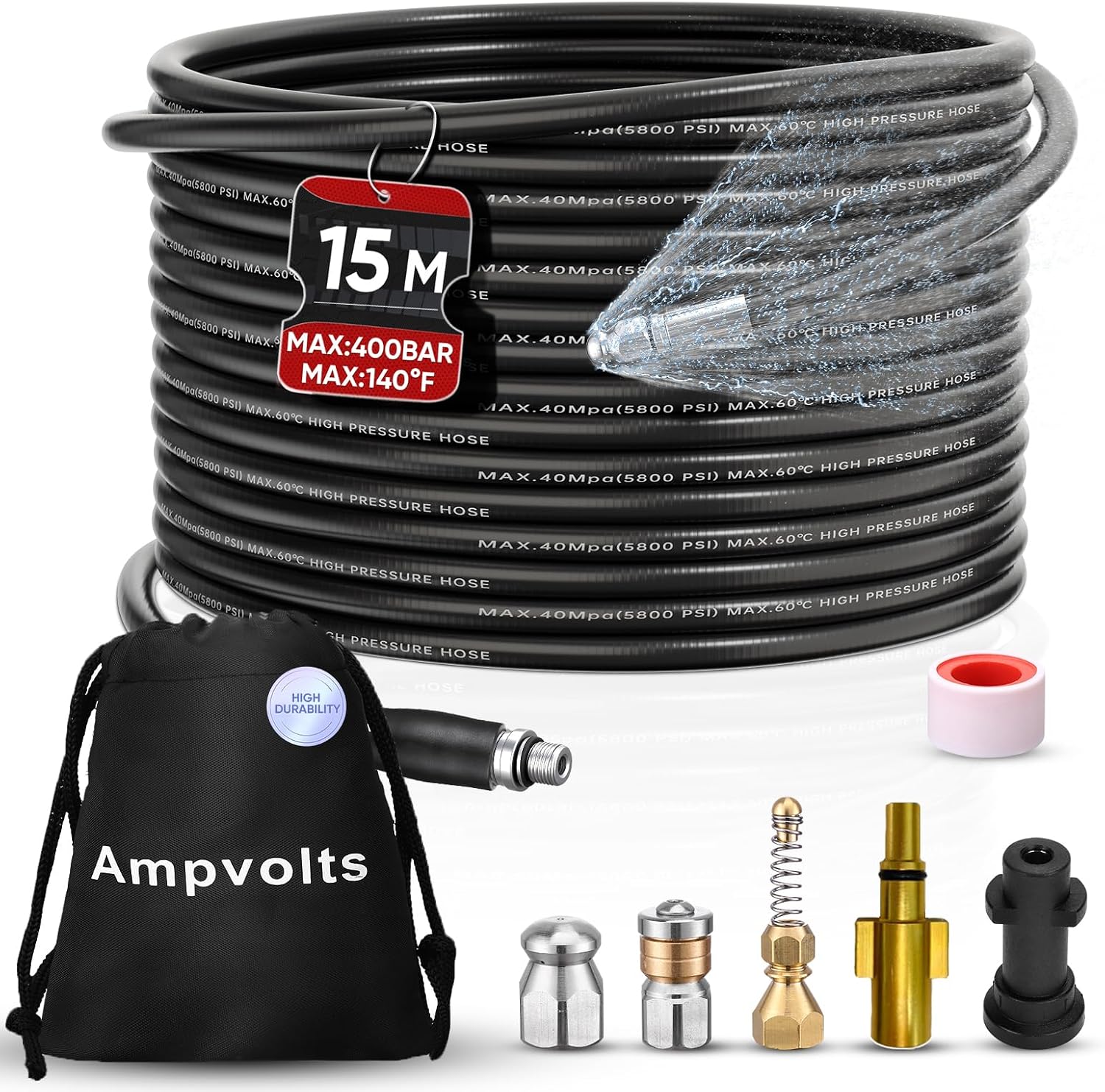 Thumbnail 6 de Ampvolts 30M Drain Cleaning Kit – High-Pressure Jetting Hose for Karcher K2–K7 & Bosch AQT