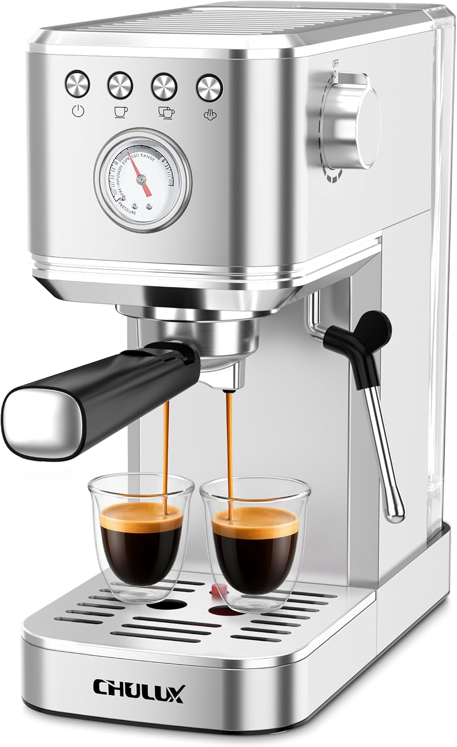 Detalle de CHULUX Slim Espresso Machine with Milk Frother (20 Bar) — Stainless Steel, Compact Home Cappuccino & Latte Maker