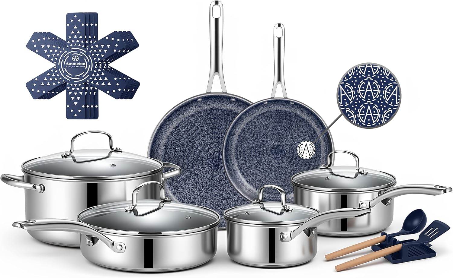 Detalle de Ammeloo Hybrid 17-Piece Tri-Ply Stainless Steel Cookware Set: Induction-Ready, Nonstick, and Dishwasher Safe