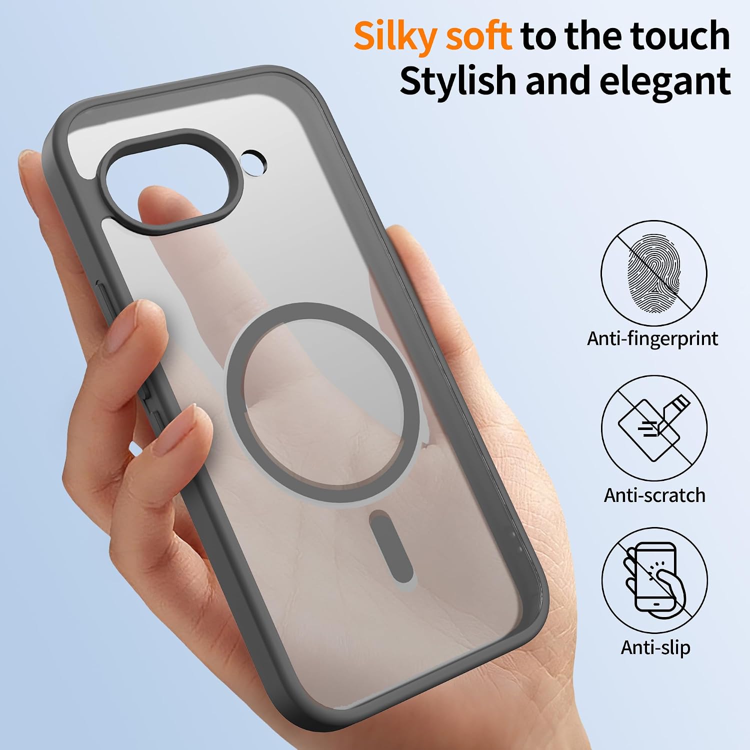 Detalle de Jshru Magnetic Case for Google Pixel 9A – Slim, Durable, MagSafe‑Ready (Gray) with HD Screen Protectors