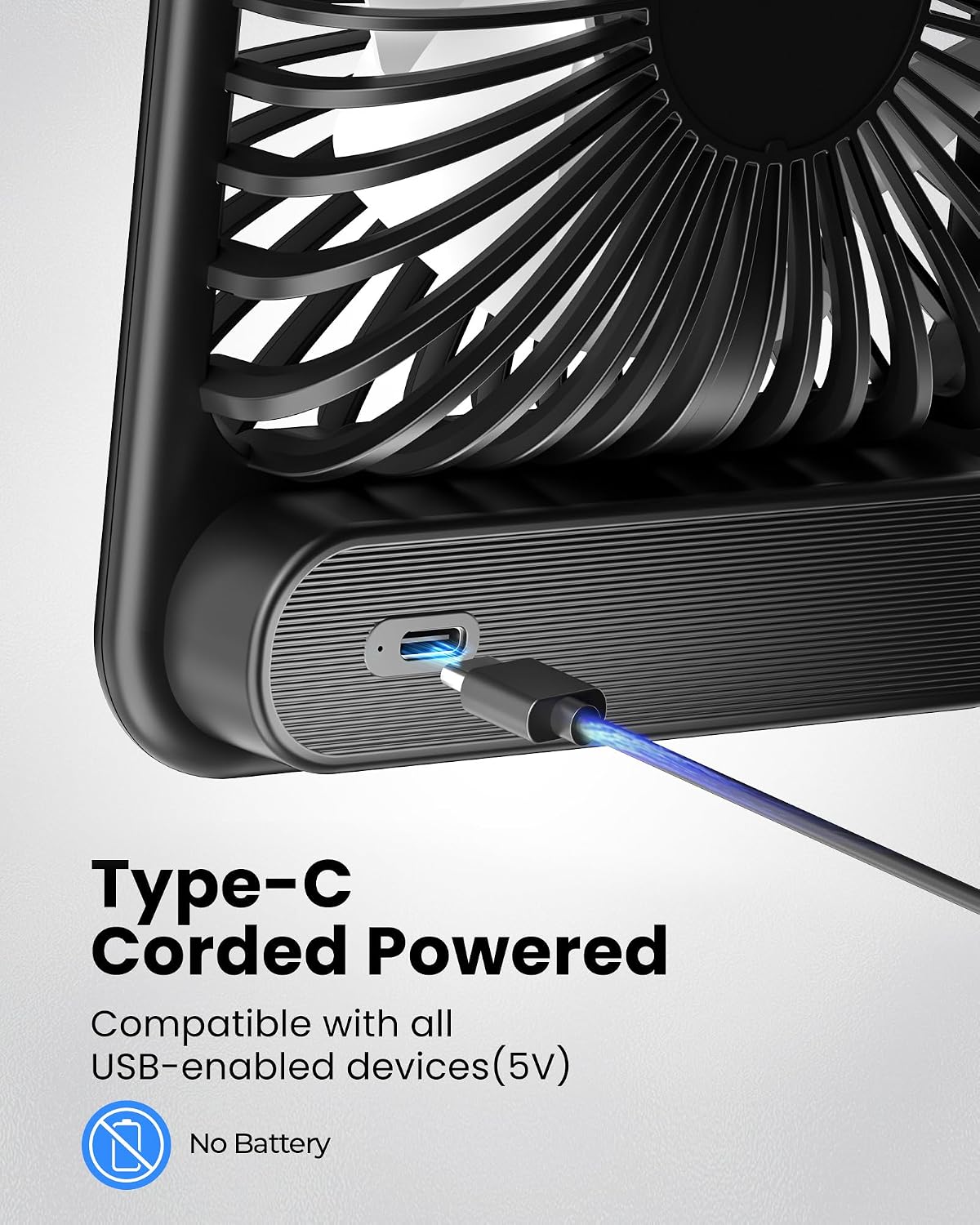 Detalle 2 de Koonie F491 5-Inch USB-C Desk Fan, 3 Speeds, 180° Tilt, Quiet