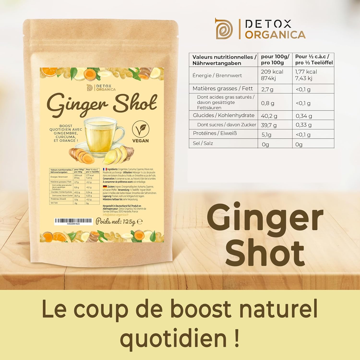 Thumbnail 1 de DETOX ORGANICA Ginger Shot – Mélange en poudre pour ginger shot, jusqu’à 160 shots à partir de gingembre et curcuma