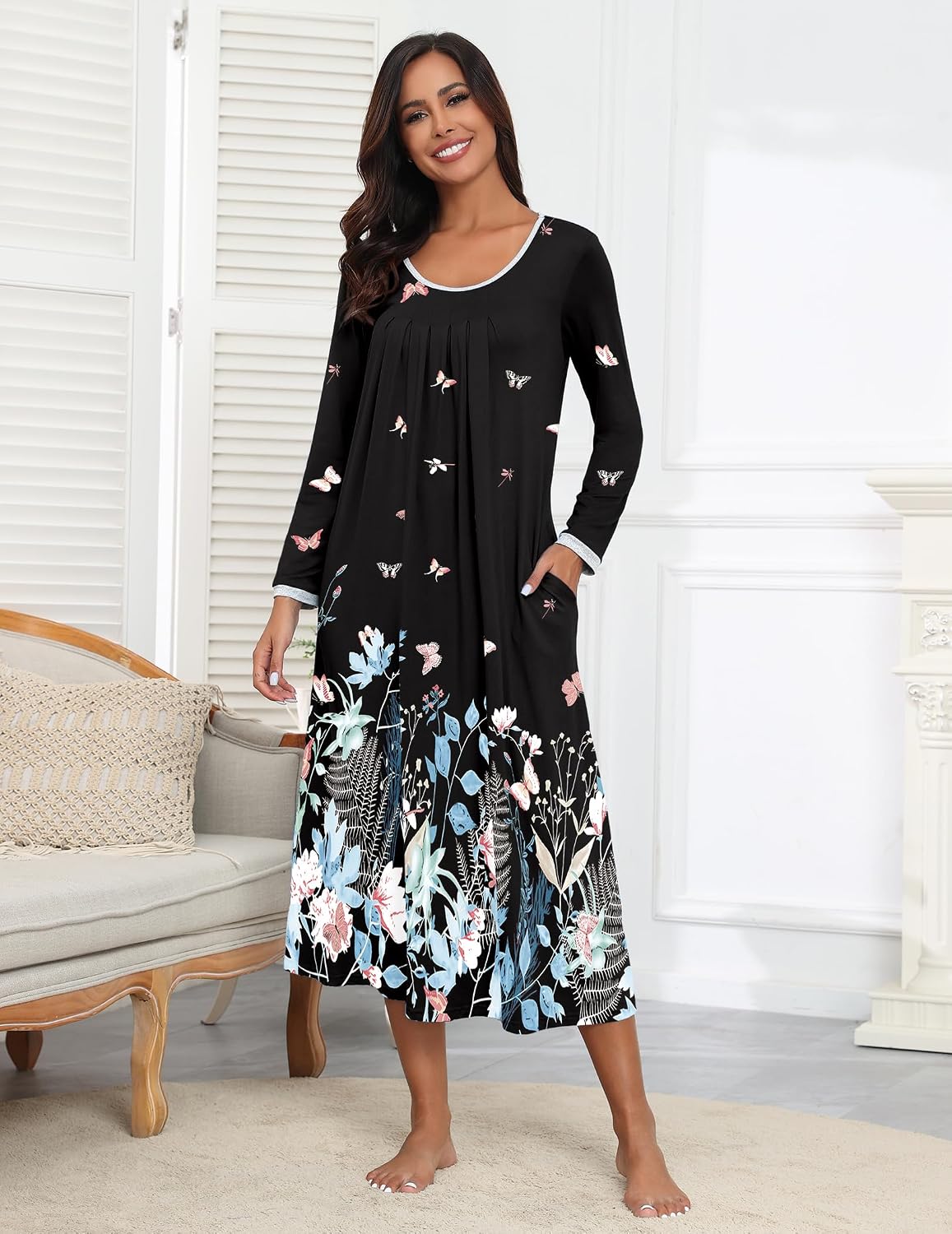 Detalle de Ekouaer Long Nightgown for Women, Full-Length Long-Sleeve Sleep Dress