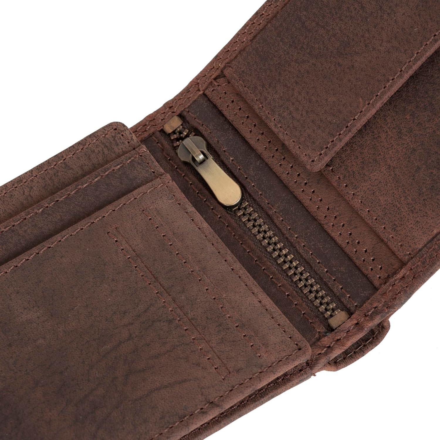 Detalle de Marc Peter® Echt-Leder Geldbörse Hanover – RFID-Schutz, 10 Fächer, Vintage Braun