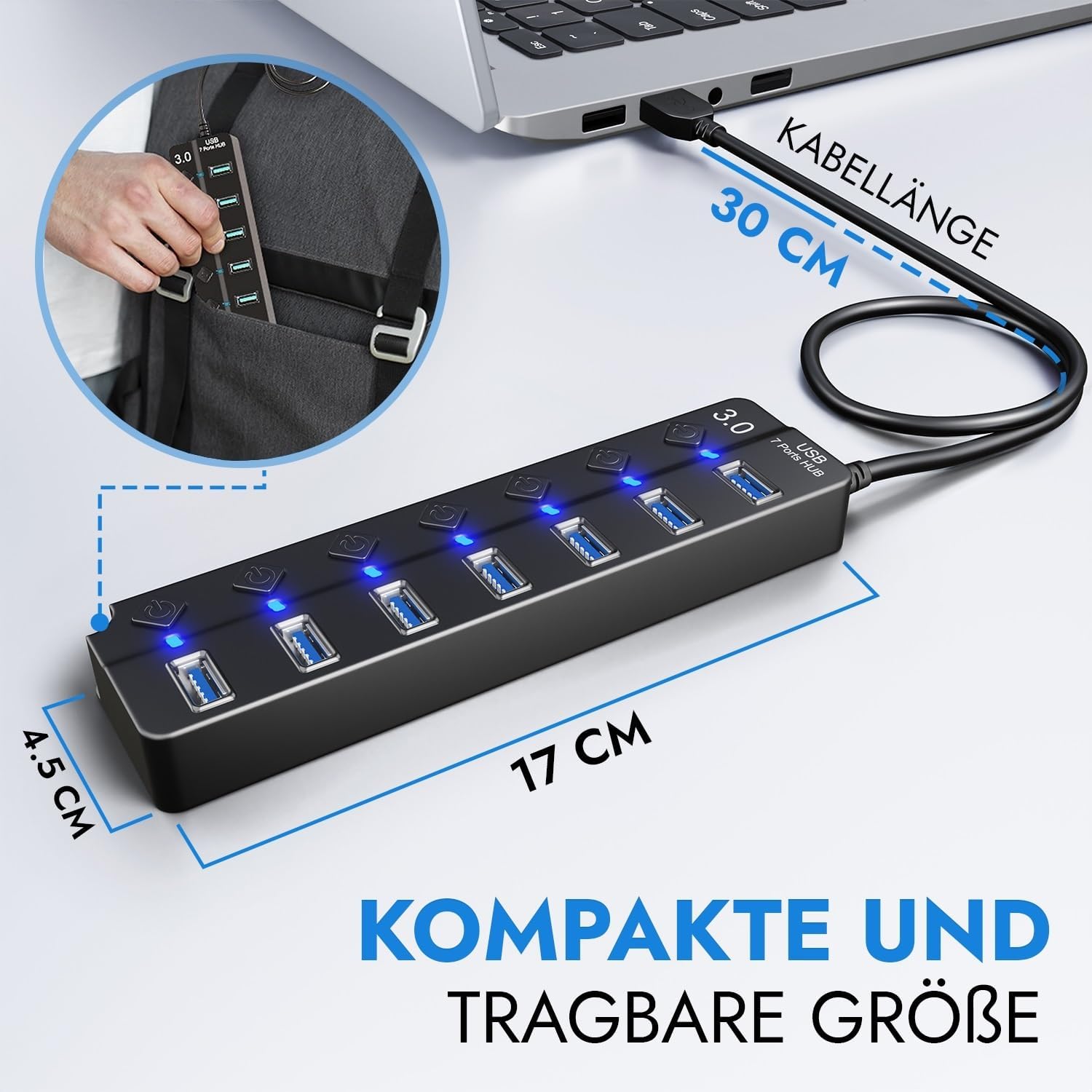 Thumbnail 5 de GLOBAL TECH 7-Port USB Hub 3.0 mit Ein/Aus-Schaltern & LED-Anzeigen (USB-Verteiler, 7 Ports)