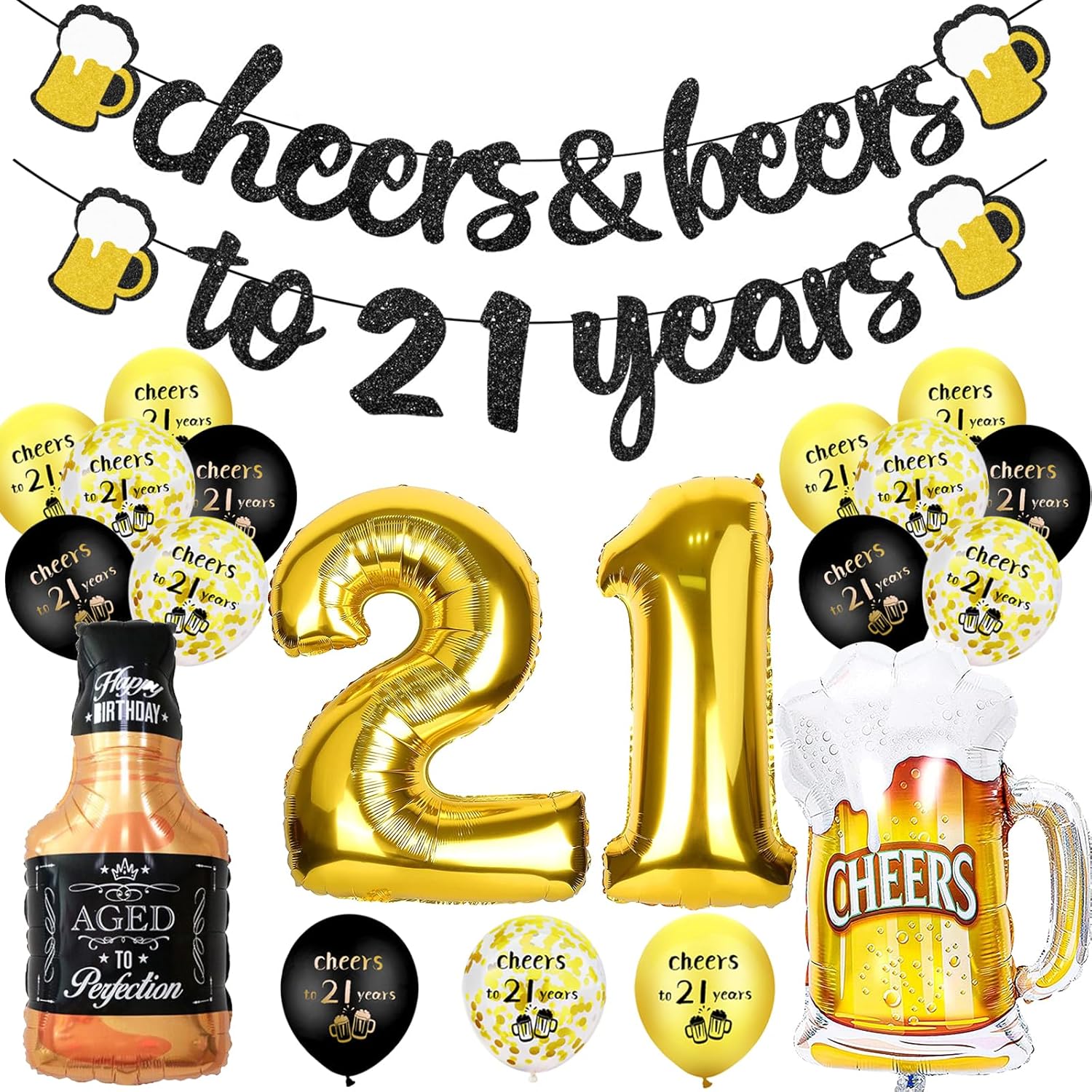 Detalle de 21st Birthday Decorations set with black & gold “cheers to 21 years” banner and foil number 21 balloons