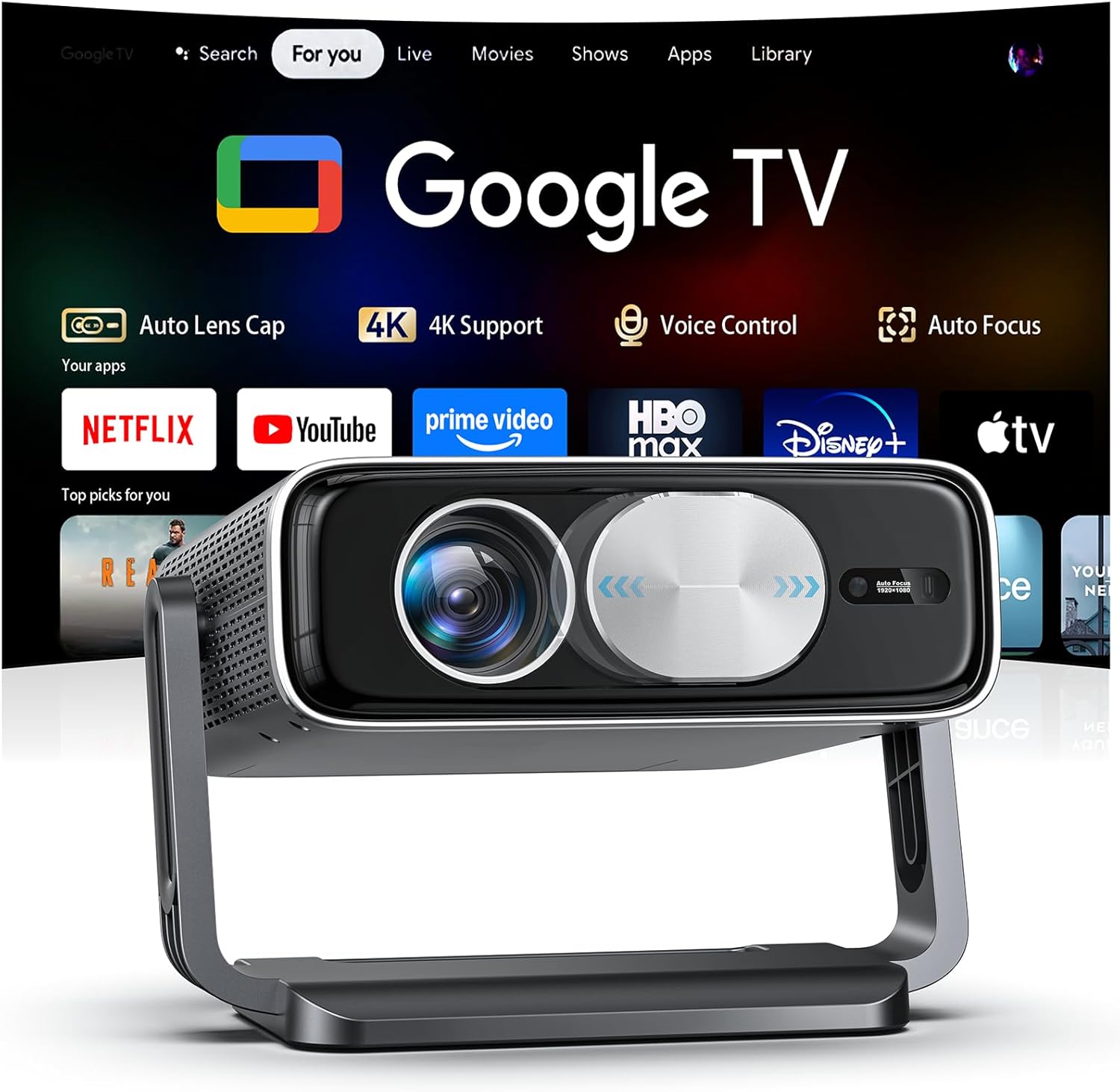 Detalle de Smart 4K Projector with Google TV Bundle — 2500 ANSI, Auto Focus, WiFi & Bluetooth