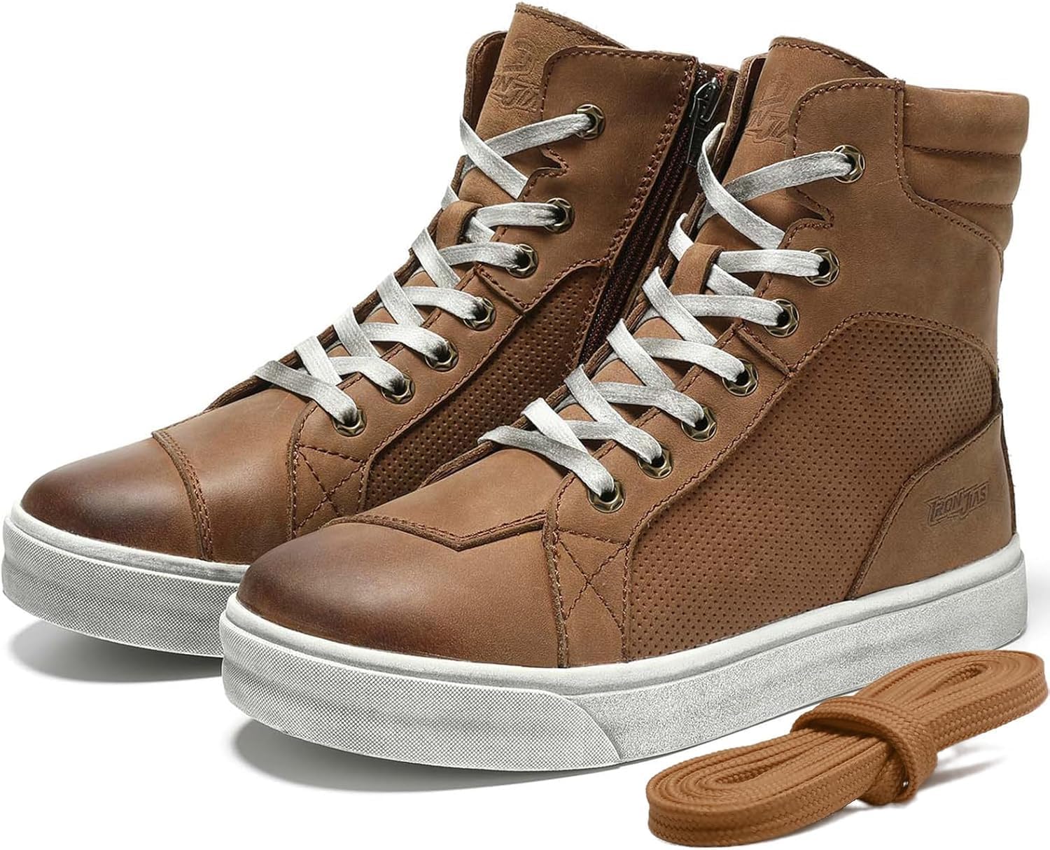 Detalle de Scarpe da moto retrò da uomo in pelle con cerniera e suola antiscivolo marrone (tomaia traspirante)