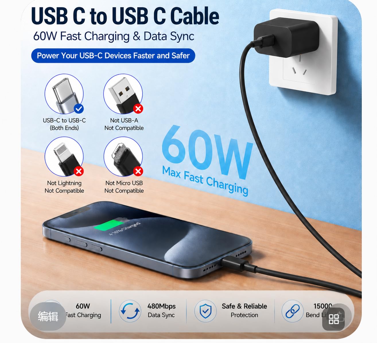 Detalle de 60W USB-C to USB-C Cable 3Pack (6ft) with PD 3.0 – Durable, Fast Charging for USB-C Devices