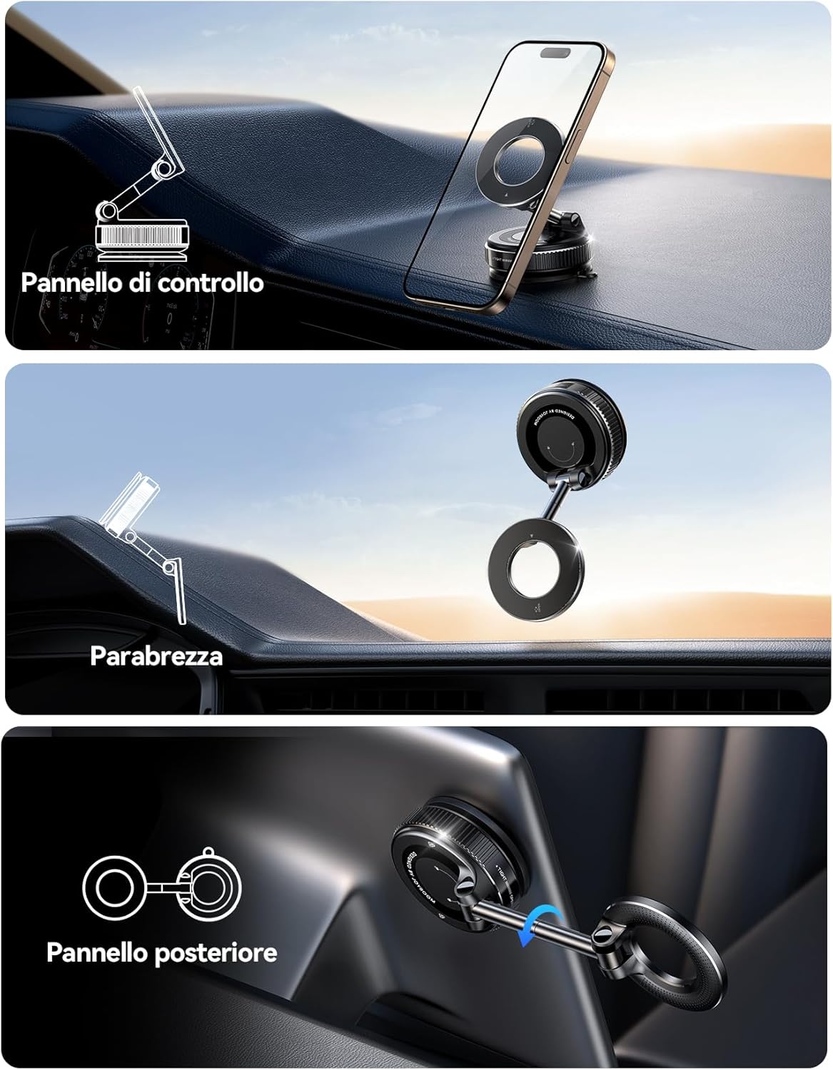Detalle de JOYROOM Supporto Auto MagSafe con ventosa gel, braccio pieghevole 360° per iPhone 12–16