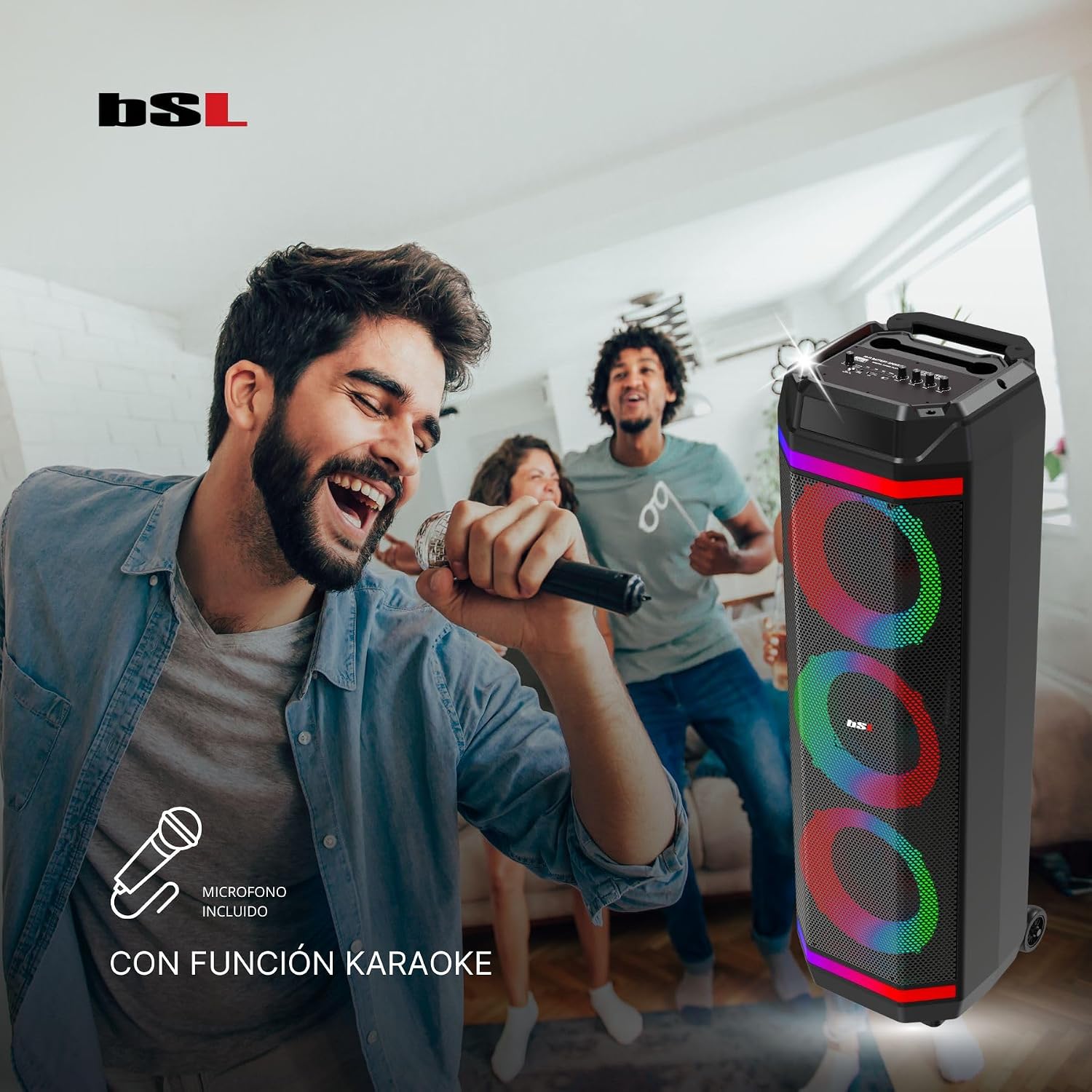 Detalle 2 de BSL BEAUTIFUL SOUND LINE BSL-S61 altoparlante Bluetooth con illuminazione, 3 altoparlanti da 8" e microfono incluso