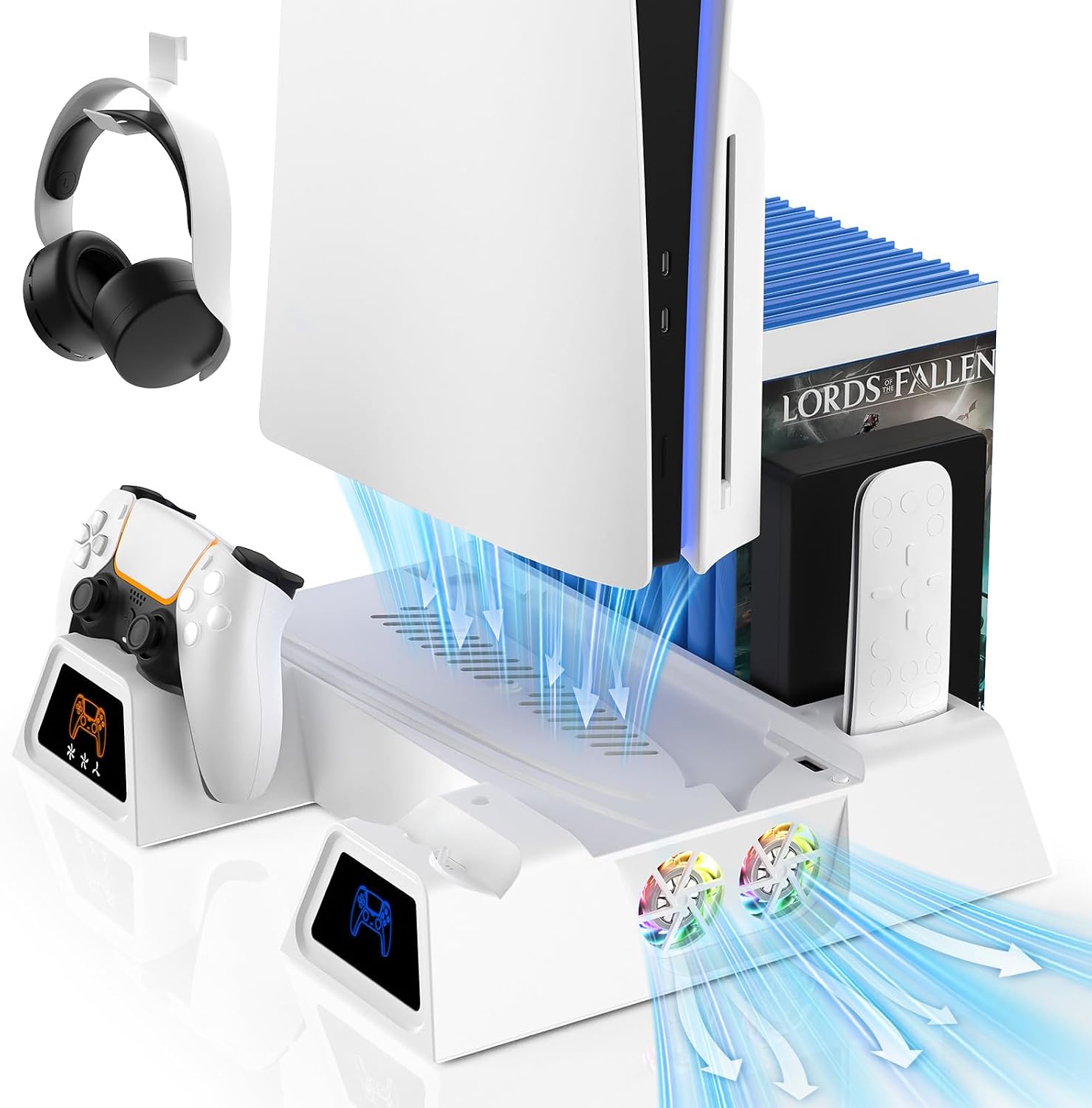 Detalle de Nonbliep LED Stand and Cooling Station for PS5 (Digital/Disc, Slim, Pro) with Dual Controller Charging and 9-Disc Storage