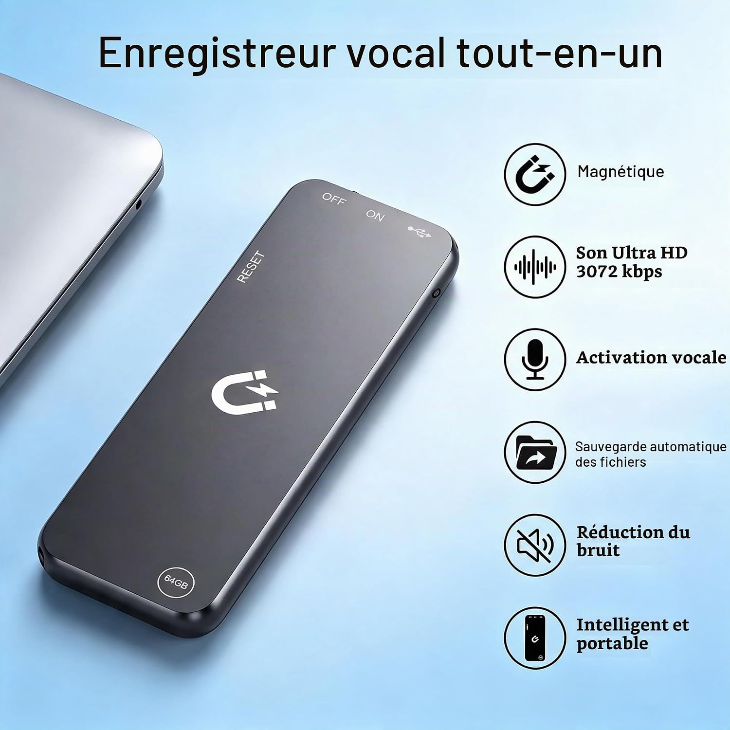 Detalle 2 de Liebssen V53 digitale spraakrecorder, 64 GB, magnetisch en USB-C