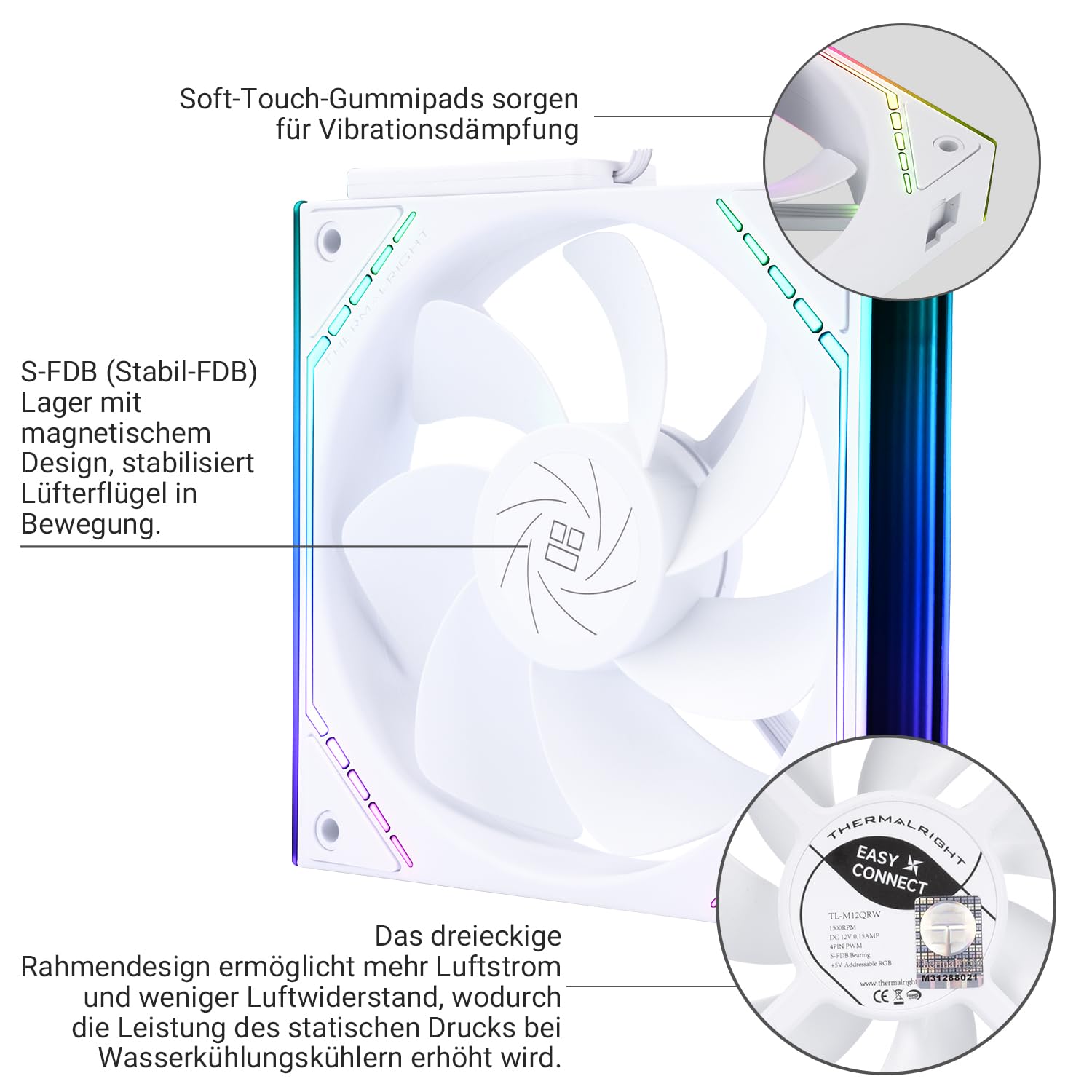 Thumbnail 3 de Thermalright TL-M12QRW — Ventilateur CPU 120 mm PWM, ARGB miroir, silencieux, blanc