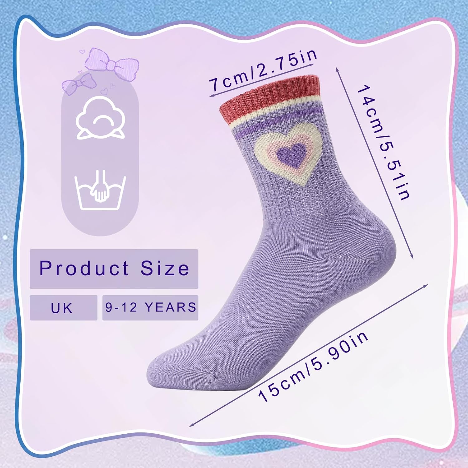 Detalle de Partideal 5 Pairs Kids Cotton Crew Socks – Breathable, Striped Hearts Design for 9–12 Year Olds