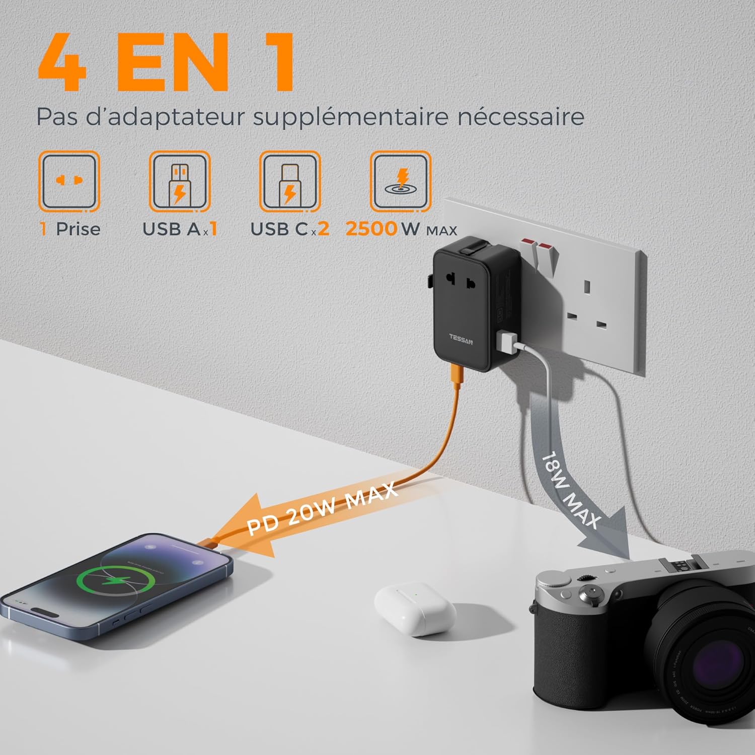 Thumbnail 2 de TESSAN Adaptateur Prise Universelle PD 20W — 4 en 1, USB-C x2 et USB-A, voyage sans compromis