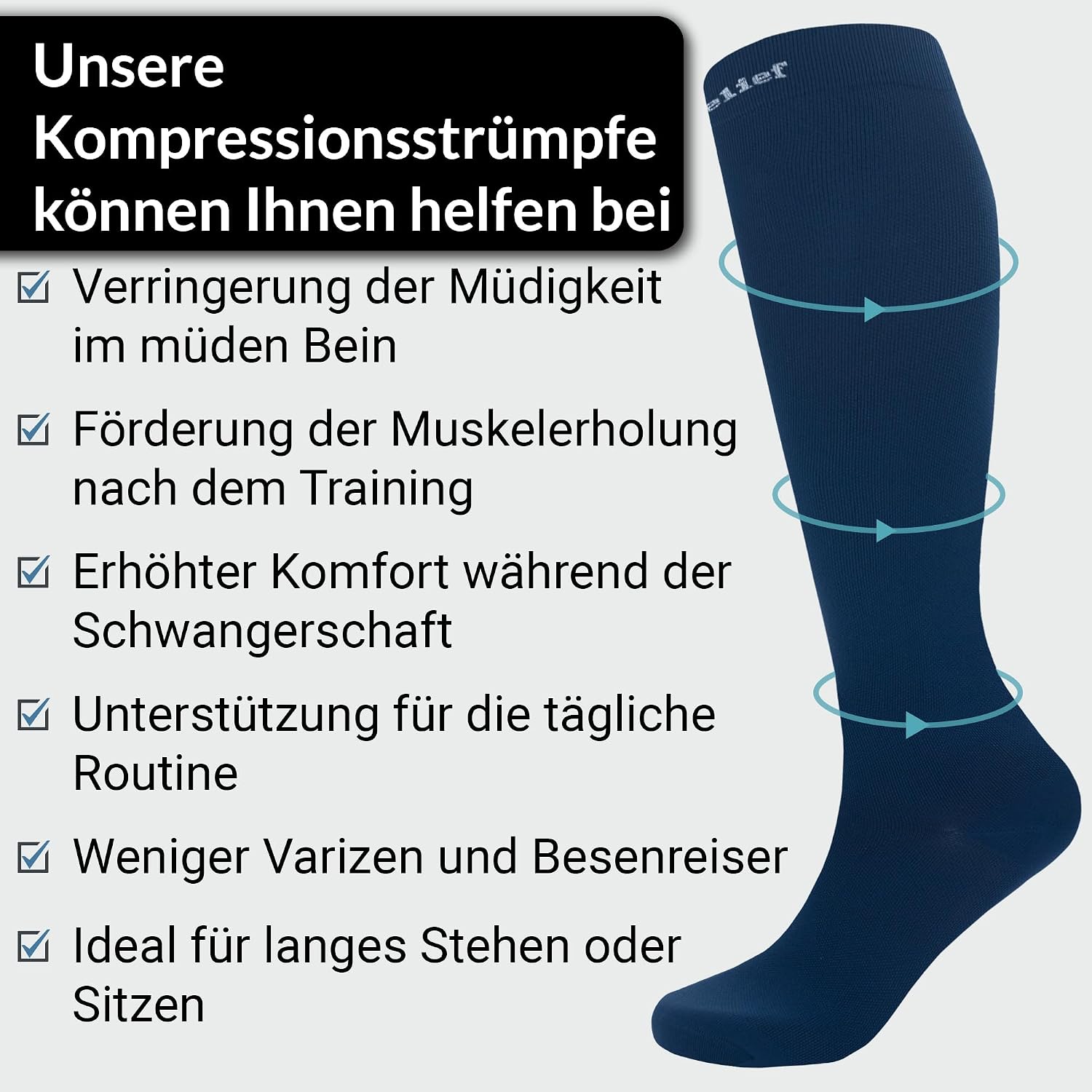 Detalle 2 de 360 Relief Kompressionsstrümpfe Damen und Herren – 1 Paar Stützstrümpfe, 15–20 mmHg, Blau, Wäschenetz inkl.