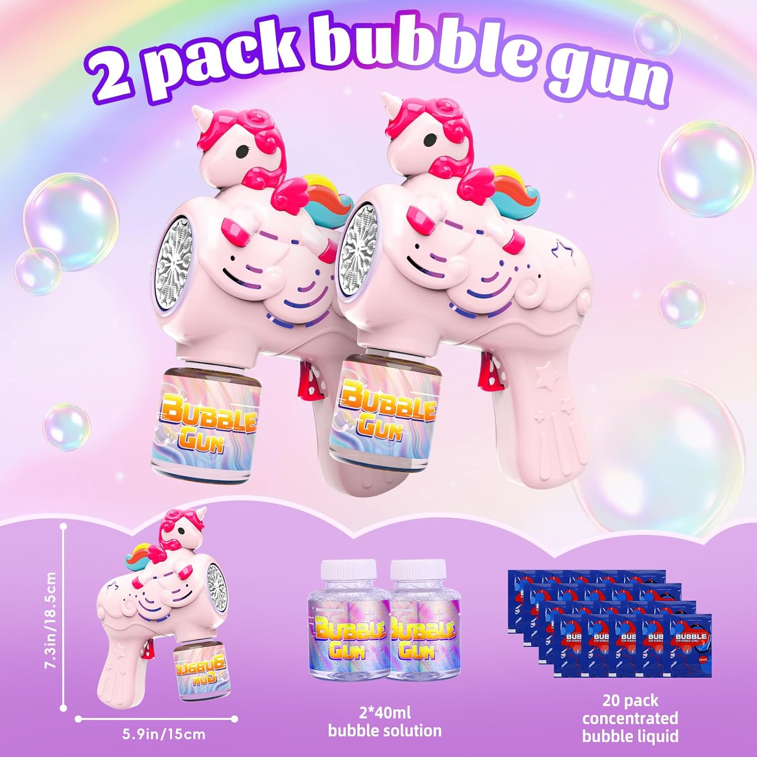 Thumbnail 2 de 2 Pack Unicorn Bubble Gun Bubble Machine for Kids (with 2 refills)