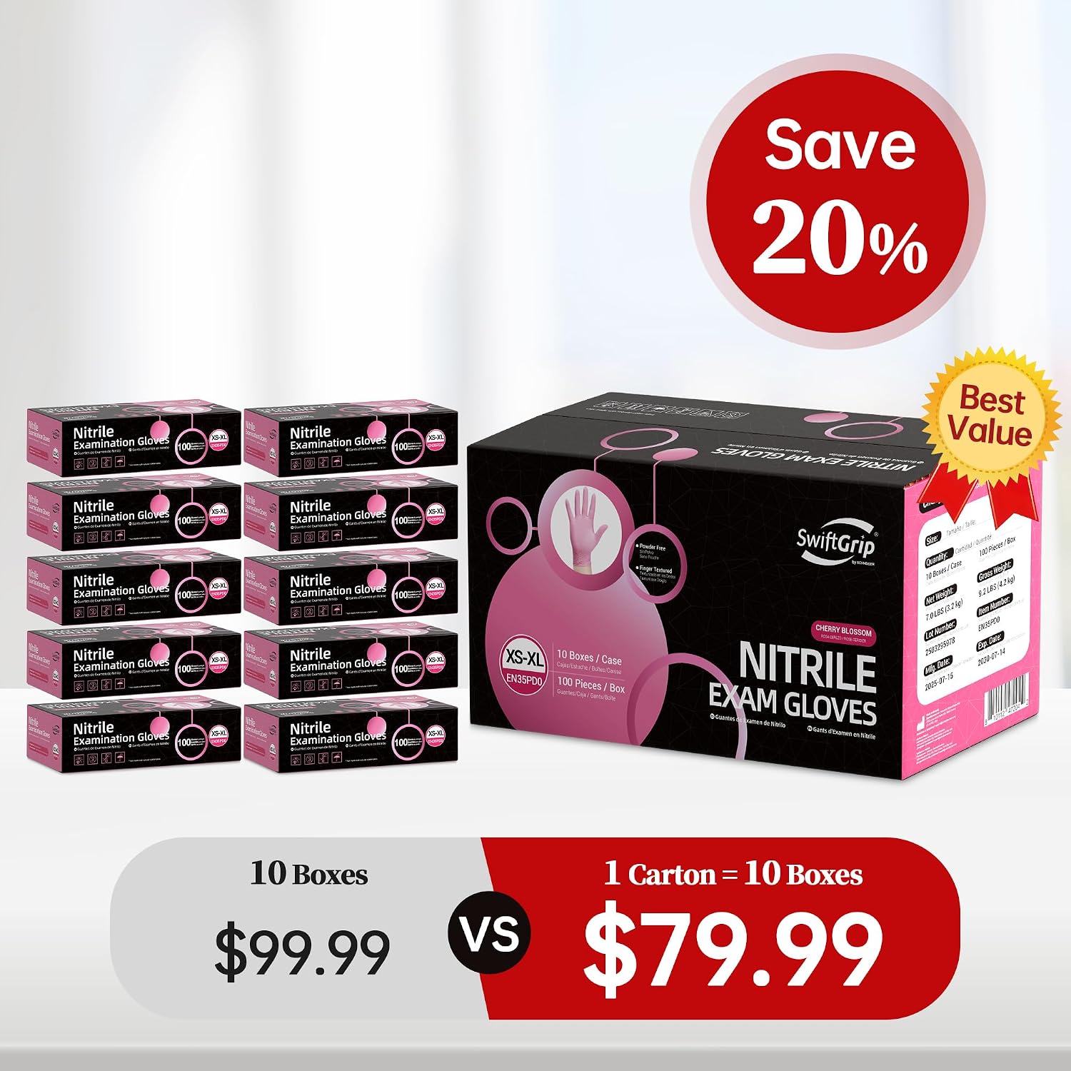 Detalle 2 de SwiftGrip Pink Nitrile Gloves 3-mil Small 1000-ct