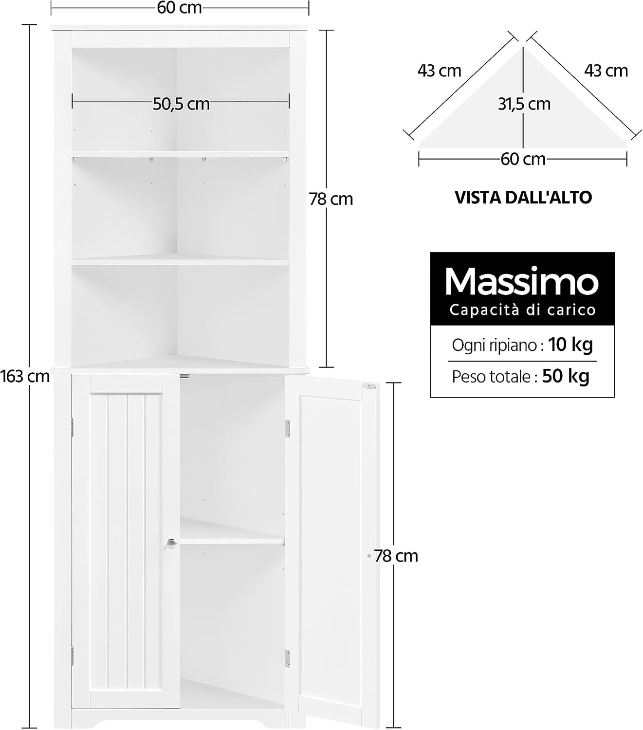 Detalle de Yaheetech Armadietto da Bagno a Colonna Alto in MDF FSC, 3 Ripiani Regolabili, Bianco